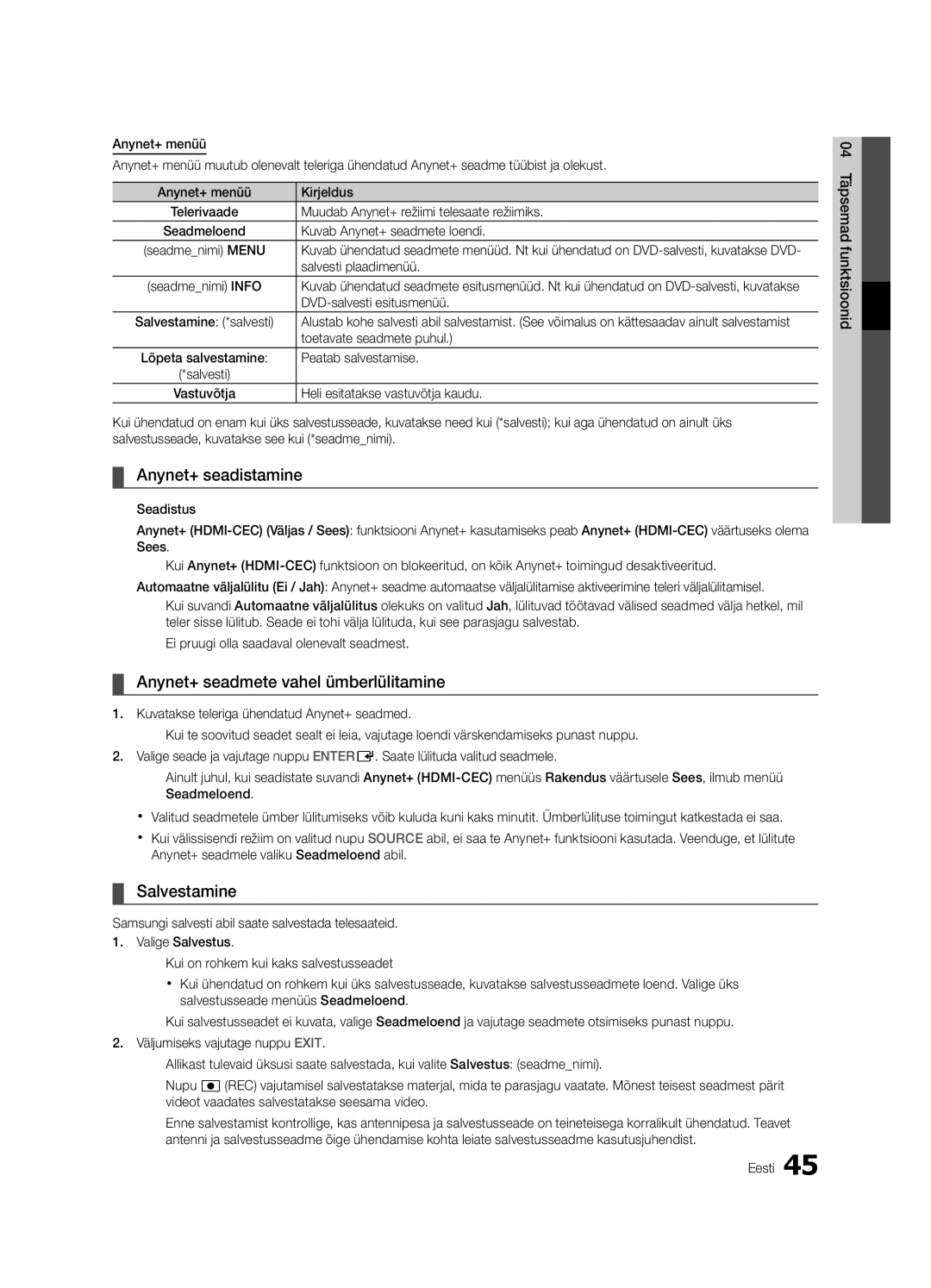 Samsung UE55C6900VSXBT manual Anynet+ seadistamine, Anynet+ seadmete vahel ümberlülitamine, Salvestamine 