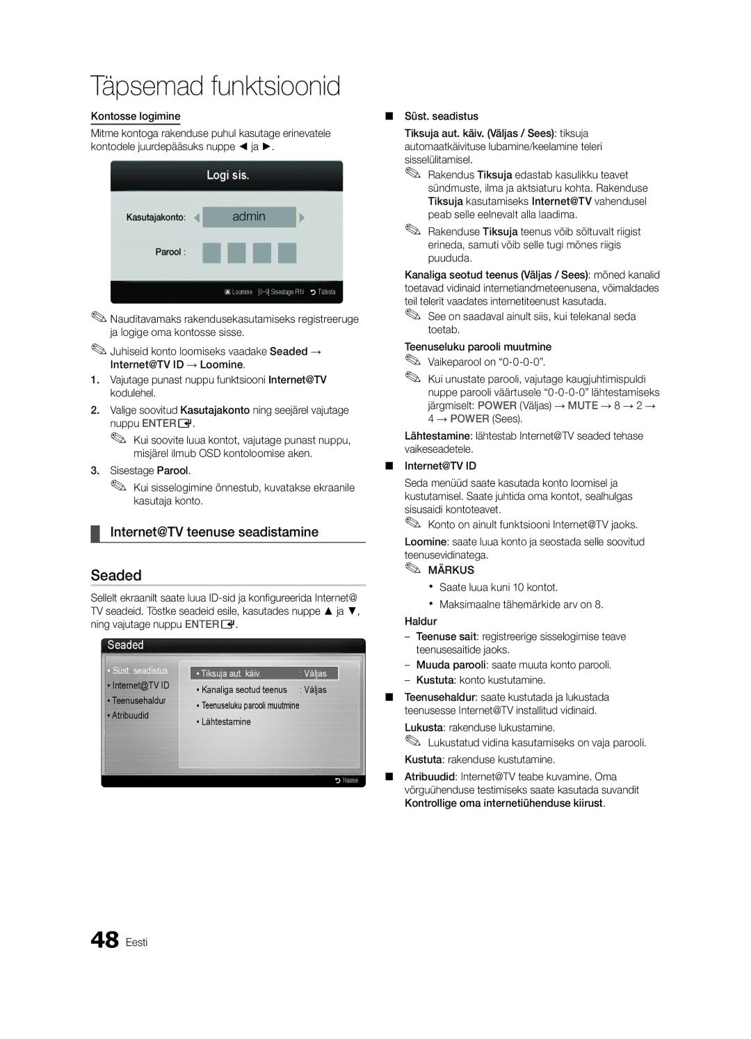 Samsung UE55C6900VSXBT manual Internet@TV teenuse seadistamine, Logi sis, Seaded, Kontosse logimine 