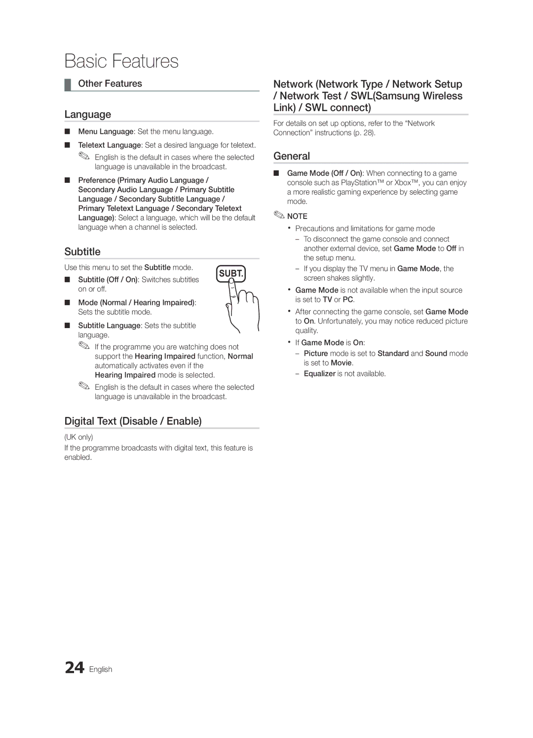 Samsung UE55C6900VSXBT manual Language, Subtitle, Digital Text Disable / Enable, General 