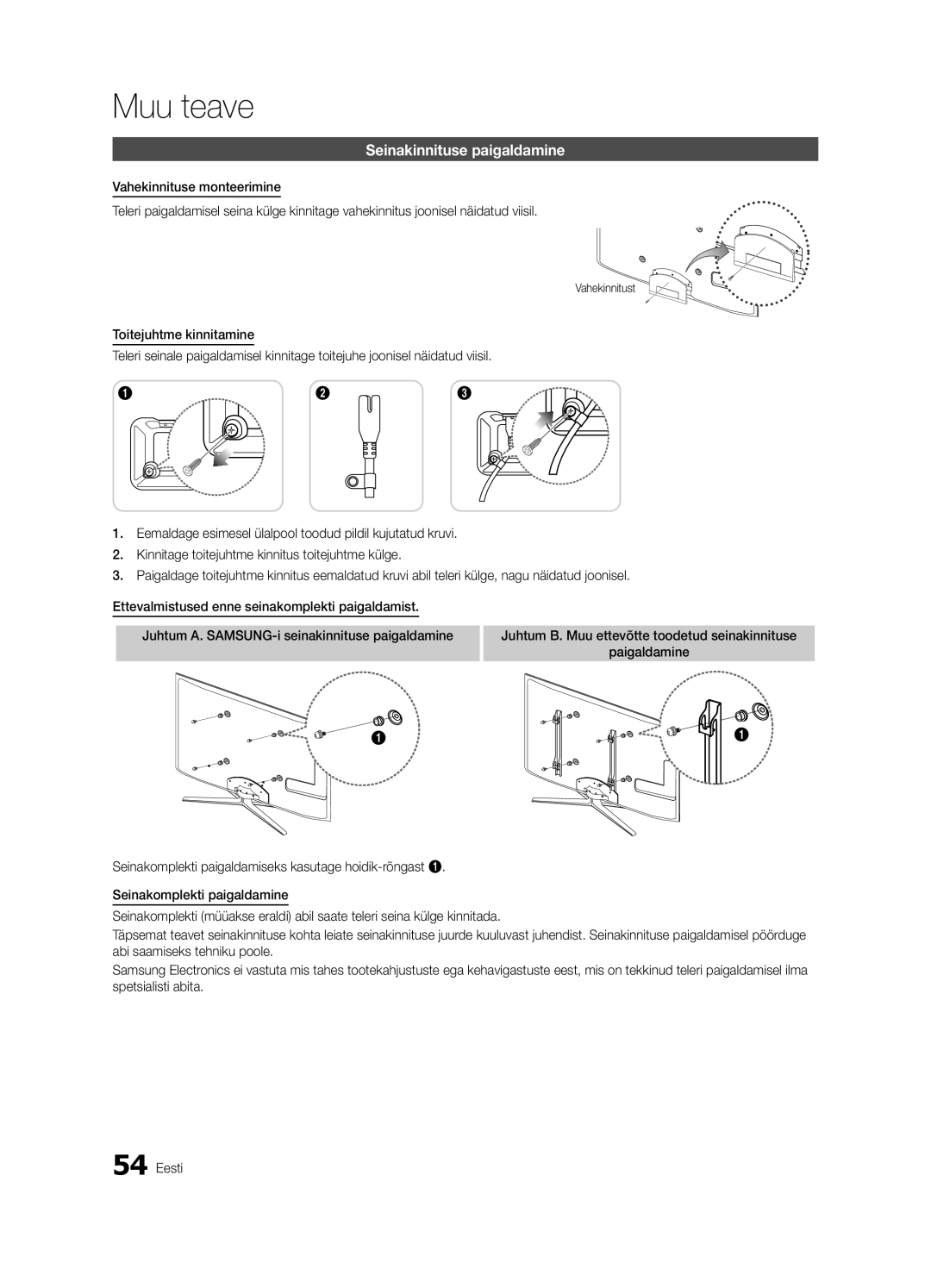 Samsung UE55C6900VSXBT manual Seinakinnituse paigaldamine, Vahekinnitust 