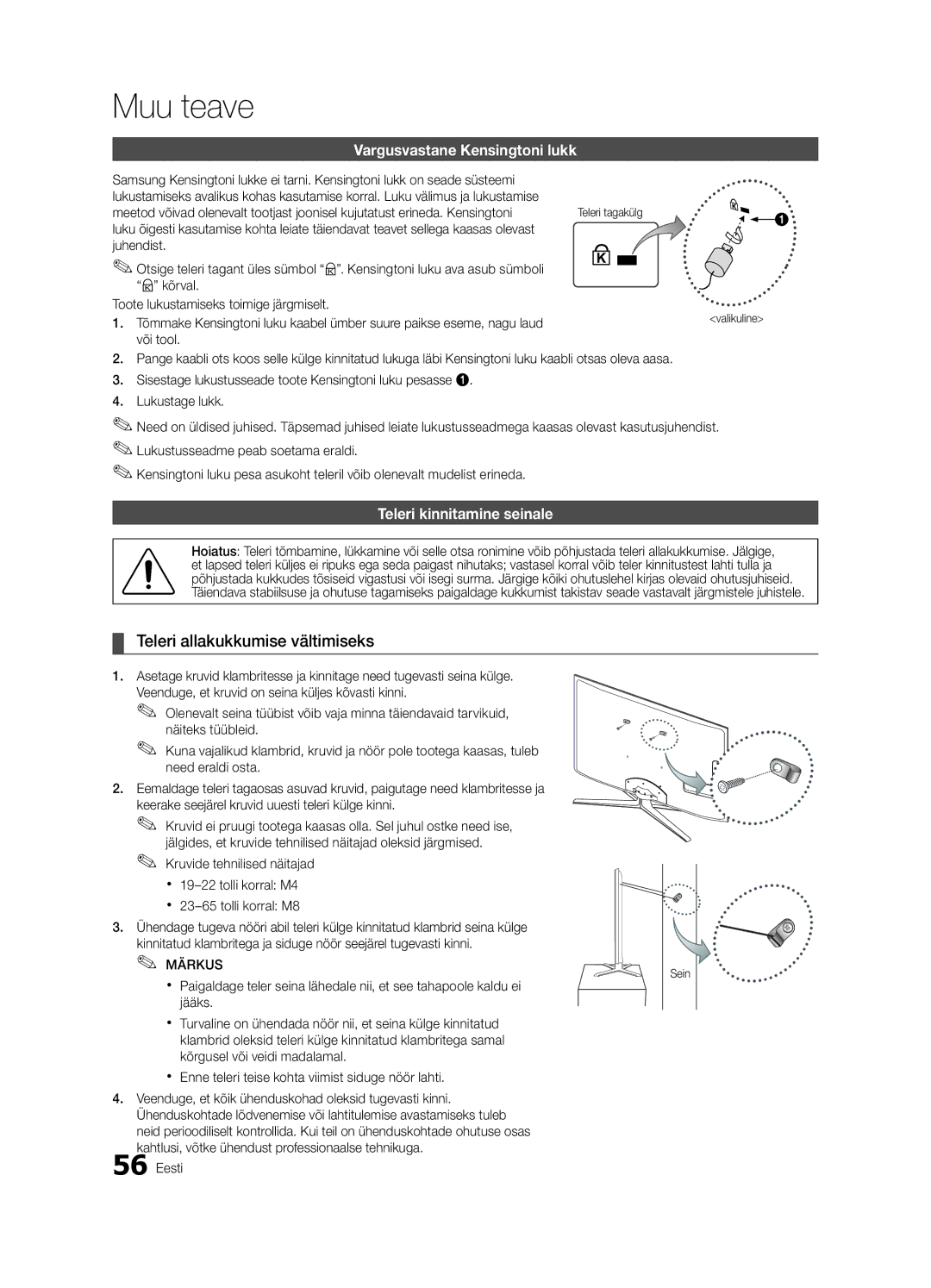 Samsung UE55C6900VSXBT Teleri allakukkumise vältimiseks, Vargusvastane Kensingtoni lukk, Teleri kinnitamine seinale, Sein 