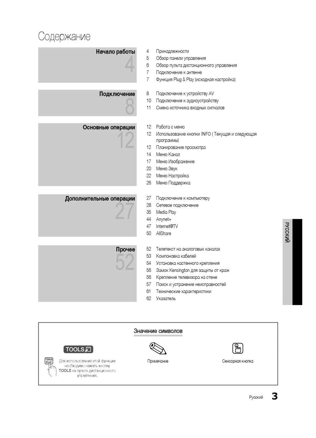 Samsung UE55C6900VSXBT manual Содержание, Значение символов, Примечание, Tools на пульте дистанционного 