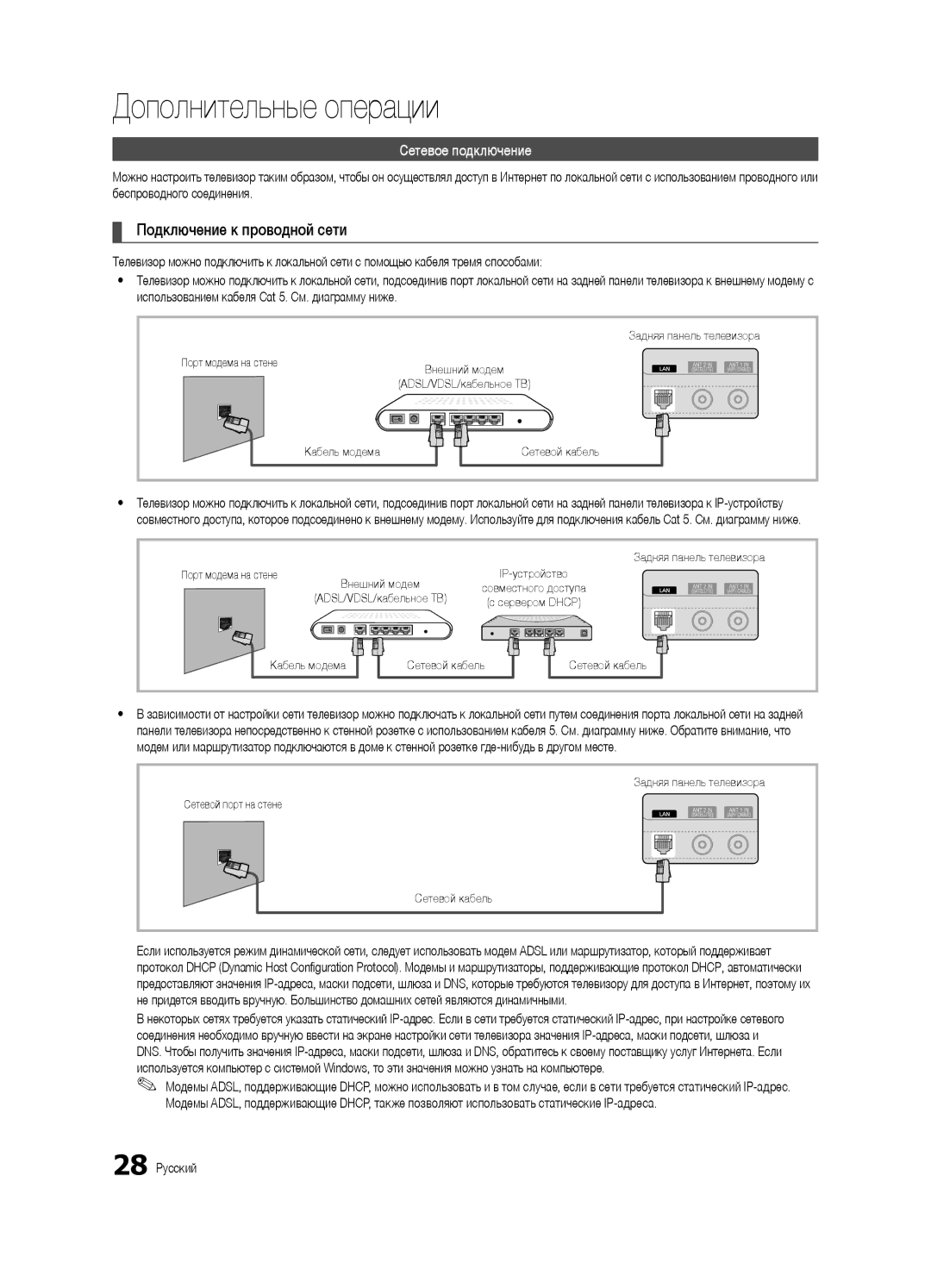 Samsung UE55C6900VSXBT manual Подключение к проводной сети, Беспроводного соединения, 28 Русский 