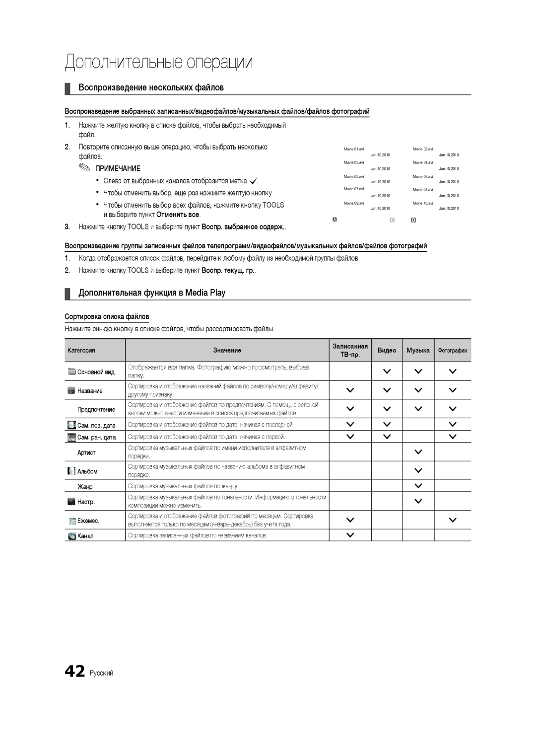 Samsung UE55C6900VSXBT Воспроизведение нескольких файлов, Дополнительная функция в Media Play, Выберите пункт Отменить все 