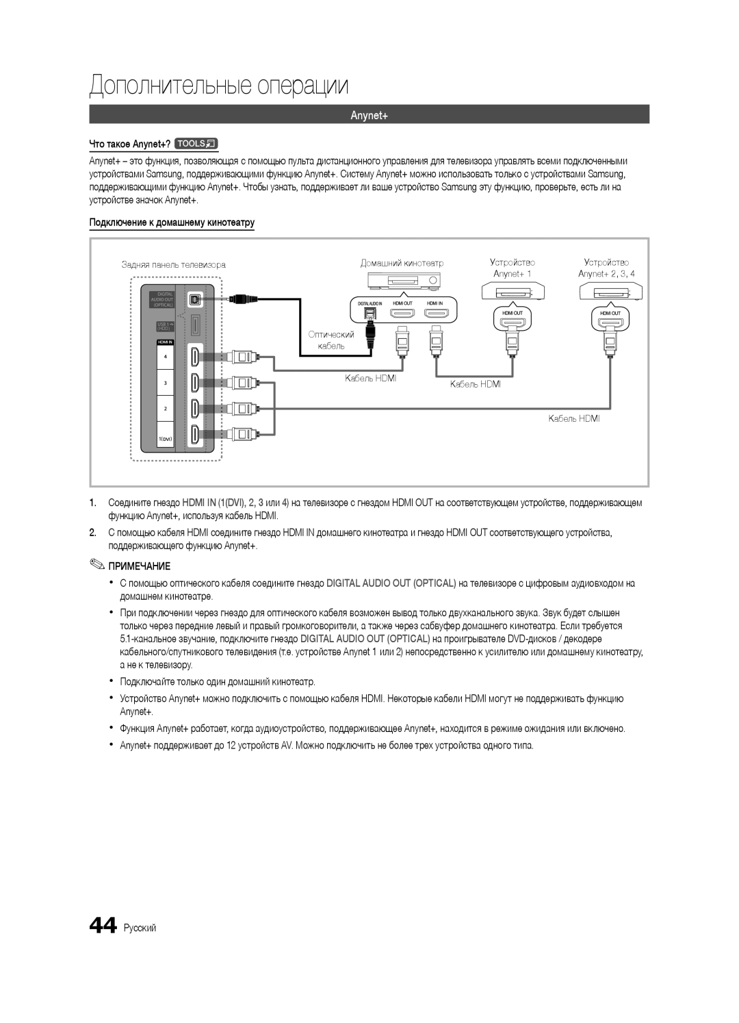 Samsung UE55C6900VSXBT manual Что такое Anynet+? t, 44 Русский, Кабель Hdmi 