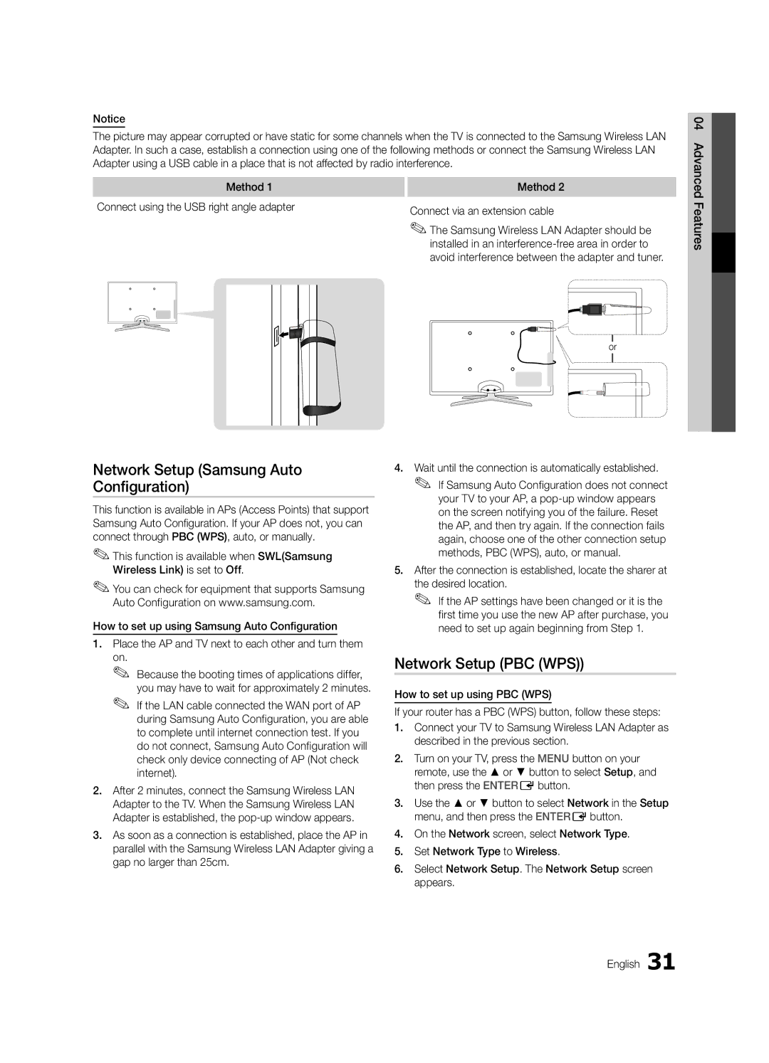 Samsung UE55C6900VSXBT manual Network Setup Samsung Auto Configuration, Network Setup PBC WPS, Desired location 