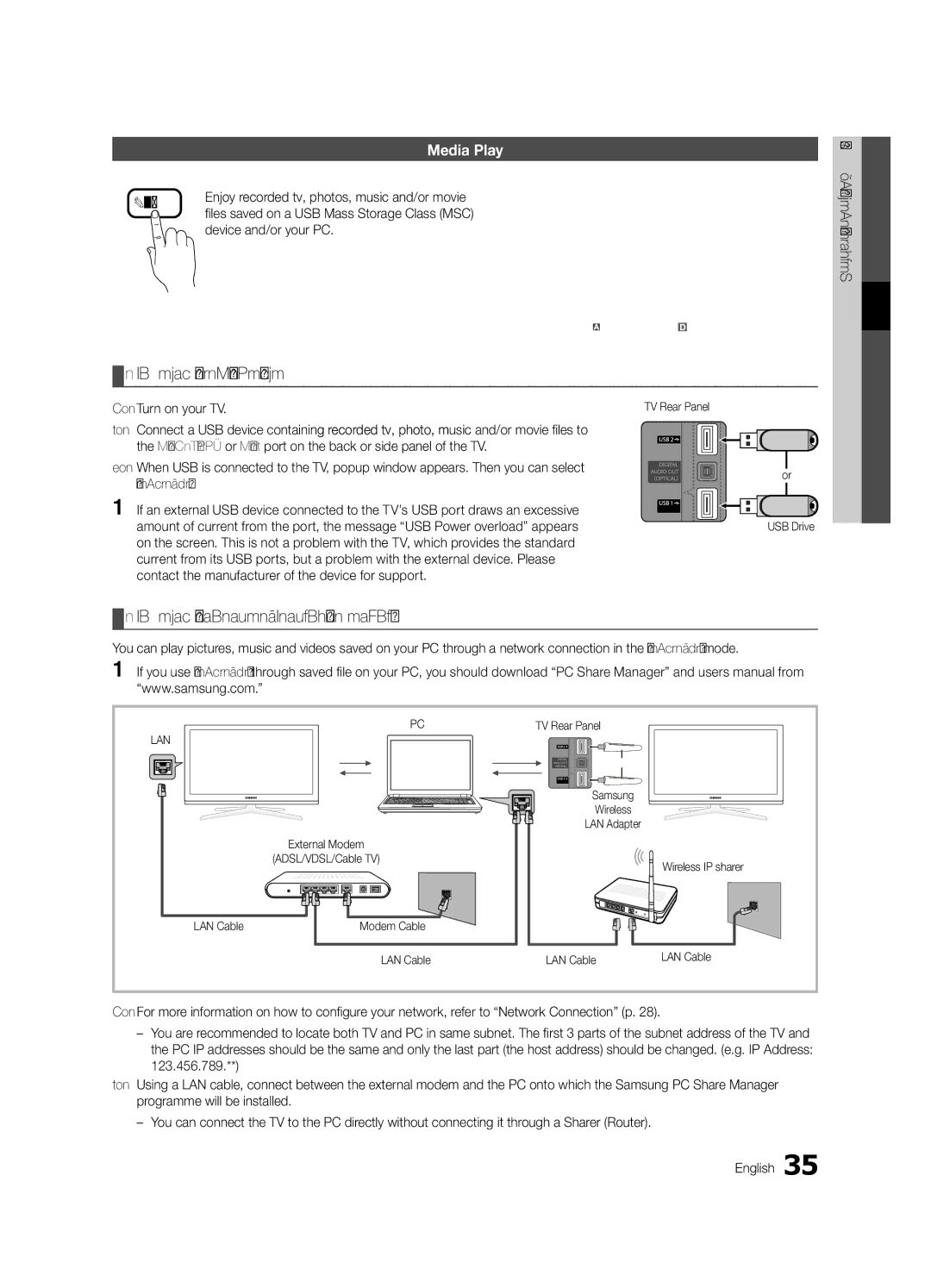 Samsung UE55C6900VSXBT manual Connecting a USB Device, Connecting to the PC through network, Media Play 