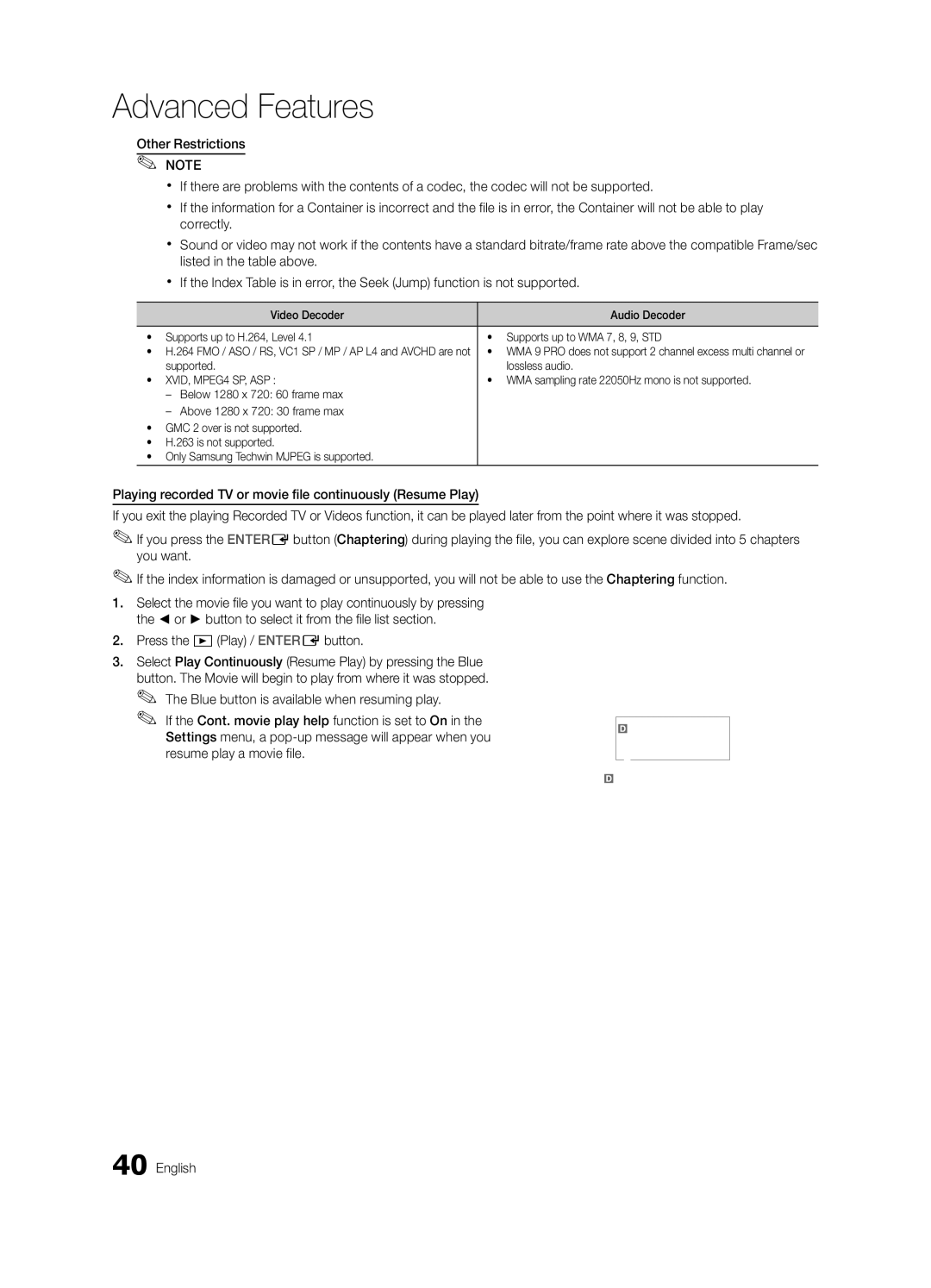 Samsung UE55C6900VSXBT manual Supported Lossless audio, WMA sampling rate 22050Hz mono is not supported 