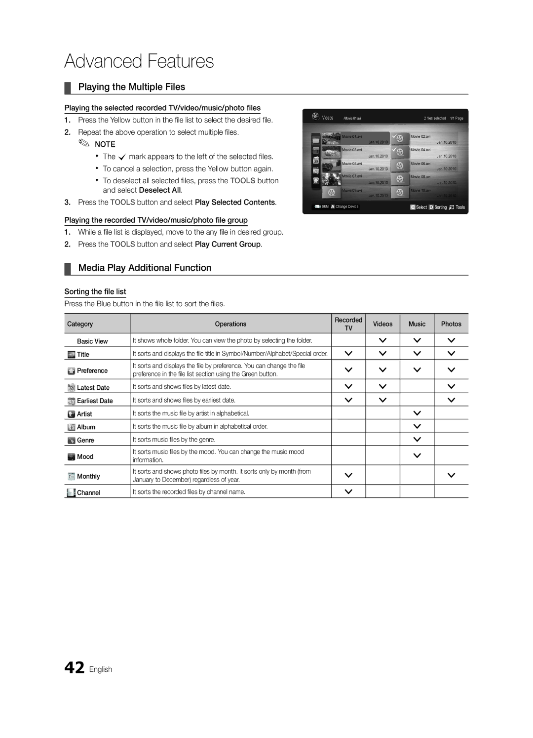 Samsung UE55C6900VSXBT manual Playing the Multiple Files, Media Play Additional Function 