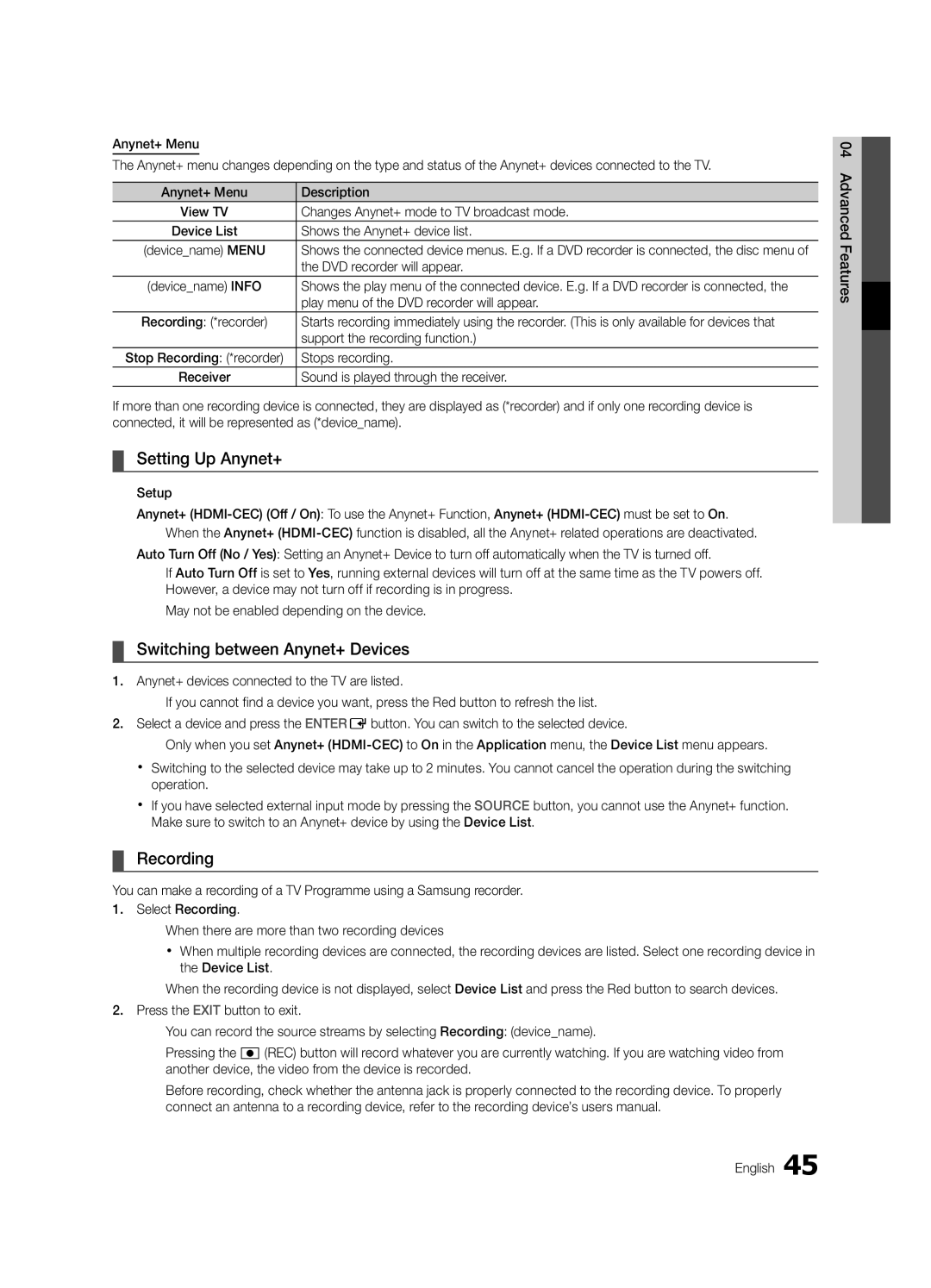 Samsung UE55C6900VSXBT manual Setting Up Anynet+, Switching between Anynet+ Devices, Recording 