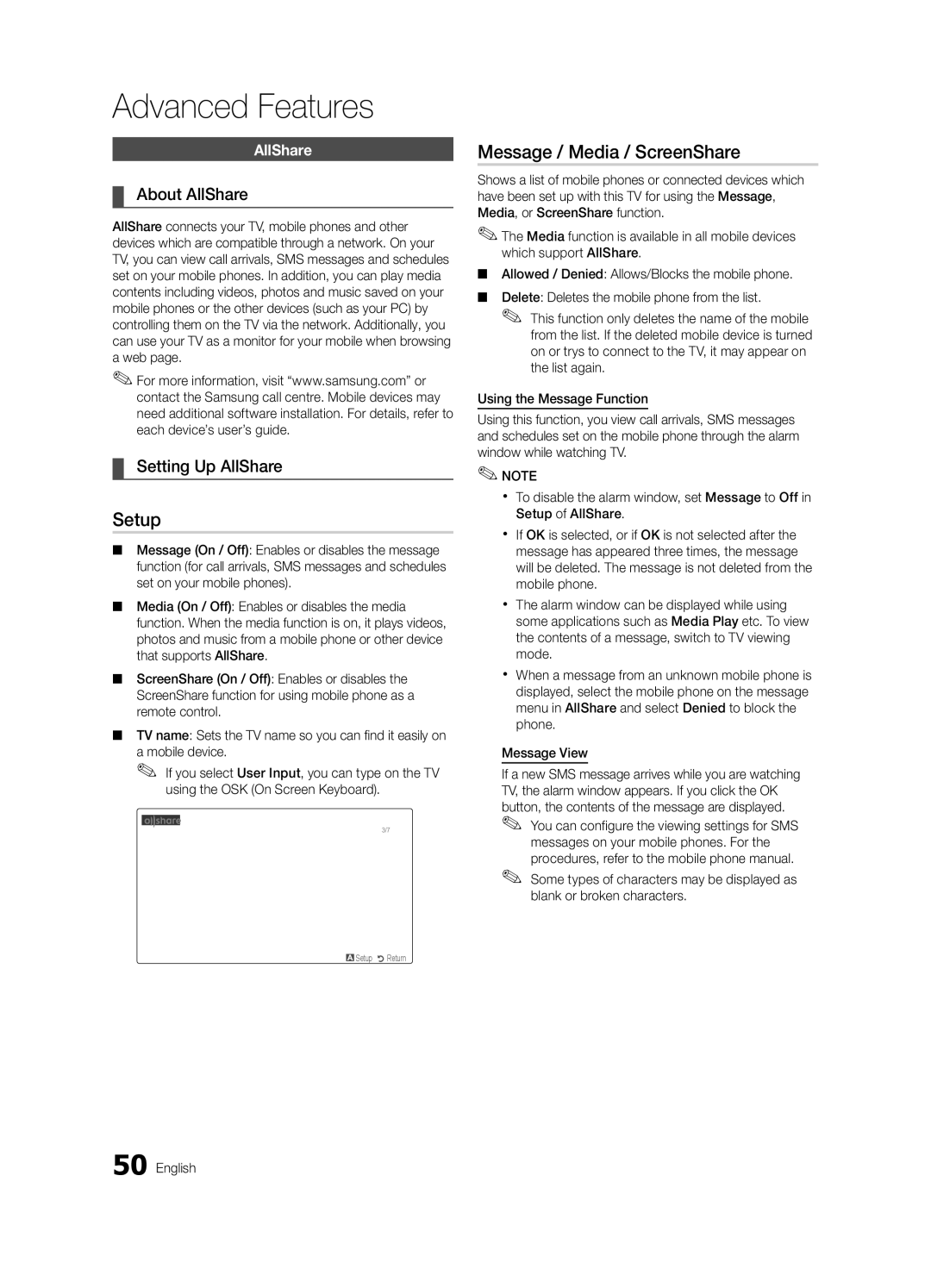 Samsung UE55C6900VSXBT manual Setup, Message / Media / ScreenShare, About AllShare, Setting Up AllShare 