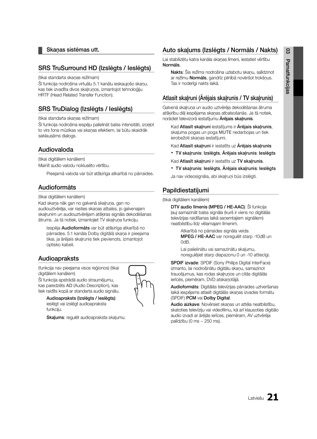 Samsung UE55C6900VSXBT manual SRS TruSurround HD Izslēgts / Ieslēgts, SRS TruDialog Izslēgts / Ieslēgts, Audiovaloda 