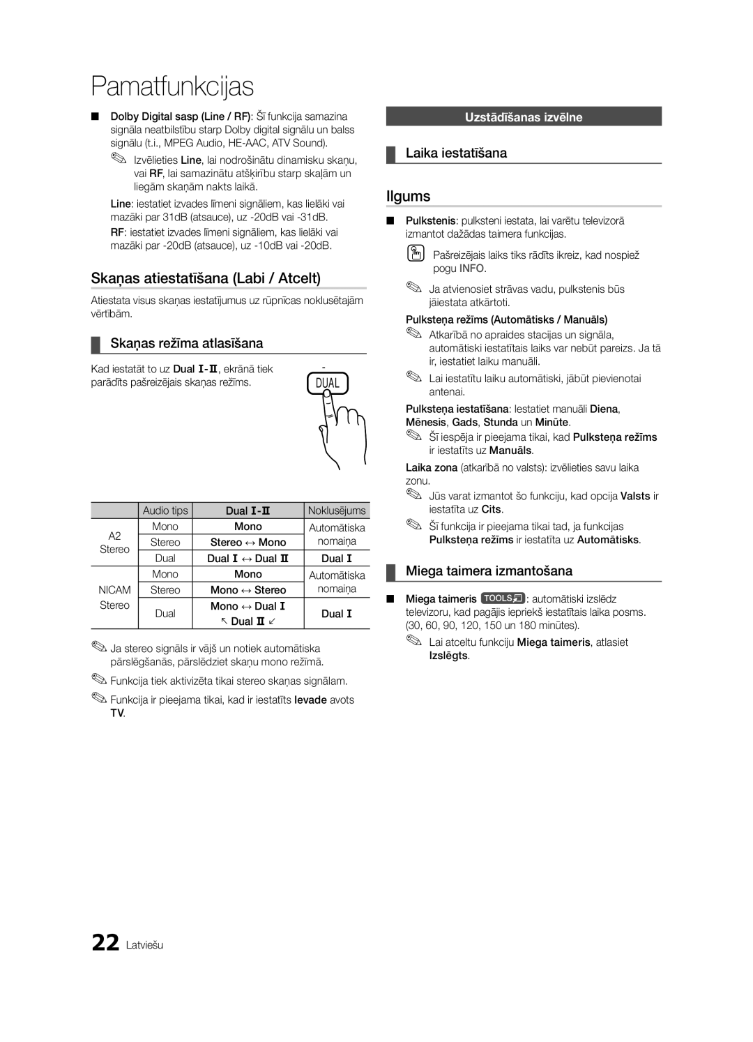 Samsung UE55C6900VSXBT manual Skaņas atiestatīšana Labi / Atcelt, Ilgums, Skaņas režīma atlasīšana, Laika iestatīšana 