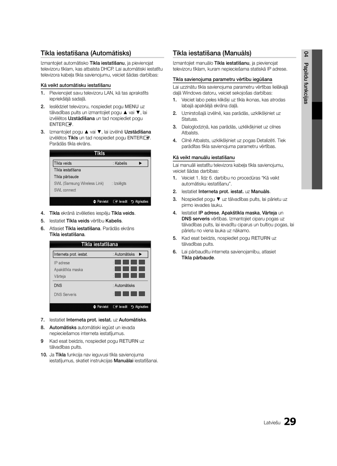 Samsung UE55C6900VSXBT manual Tīkla iestatīšana Automātisks, Tīkla iestatīšana Manuāls, Tīkls 