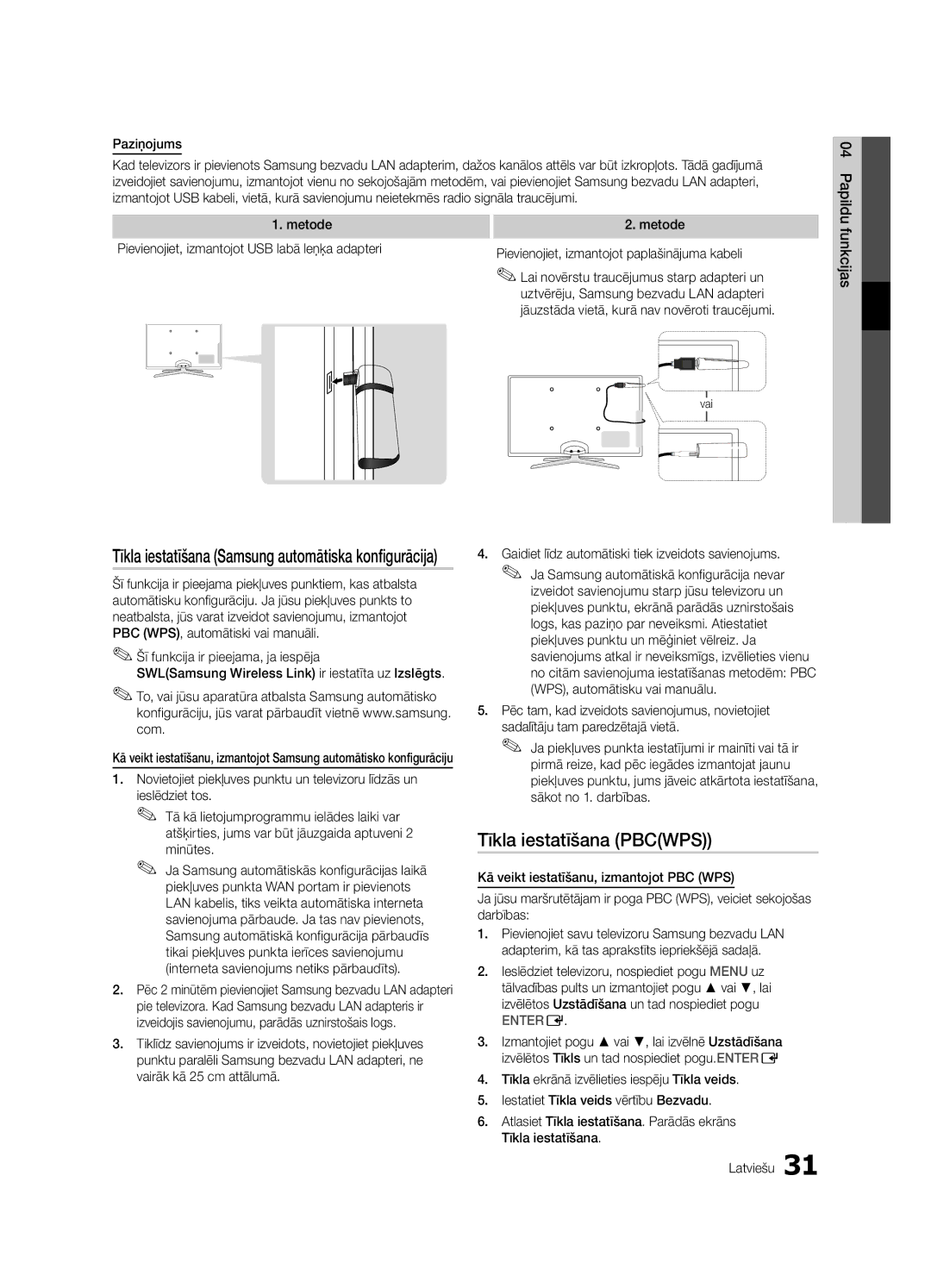 Samsung UE55C6900VSXBT manual Tīkla iestatīšana Pbcwps, Uztvērēju, Samsung bezvadu LAN adapteri, Minūtes 