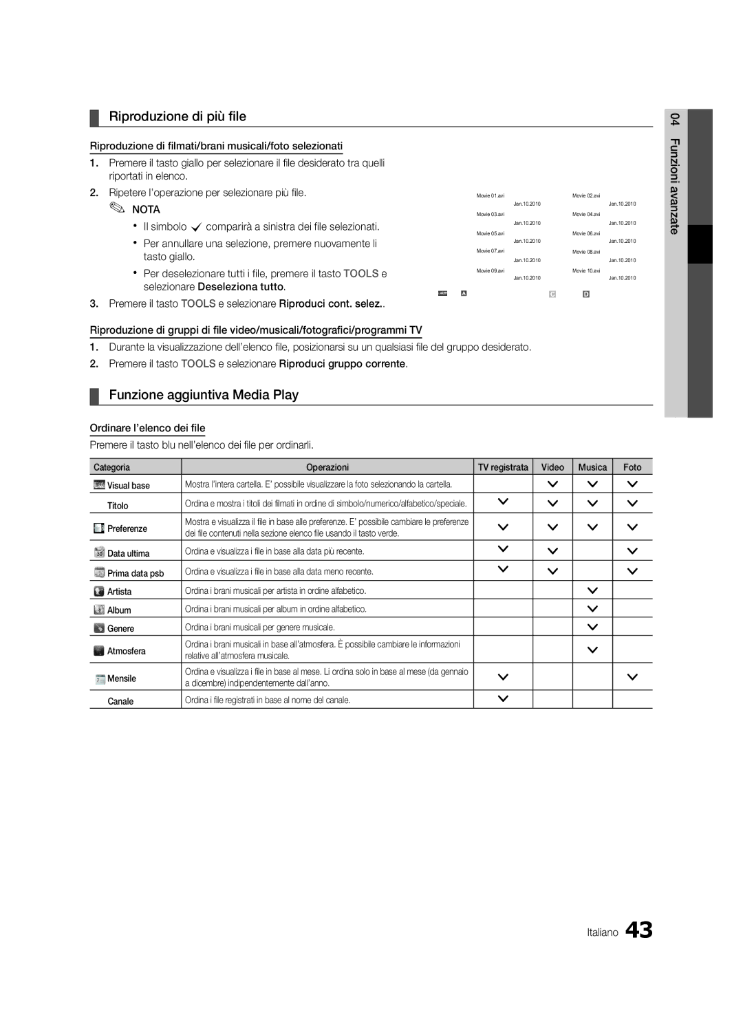 Samsung UE40C7000WPXZT, UE55C7000WPXZT manual Riproduzione di più file, Funzione aggiuntiva Media Play, Titolo, Preferenze 