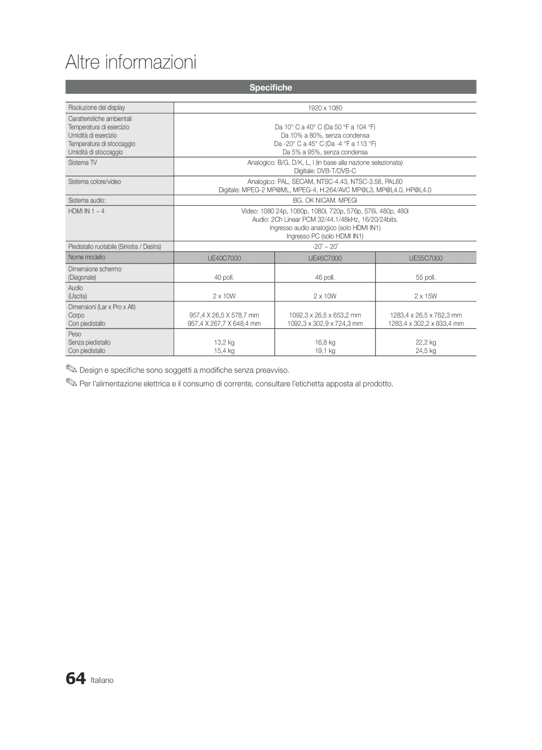 Samsung UE40C7000WPXZT, UE55C7000WPXZT, UE46C7000WPXZT manual Specifiche 