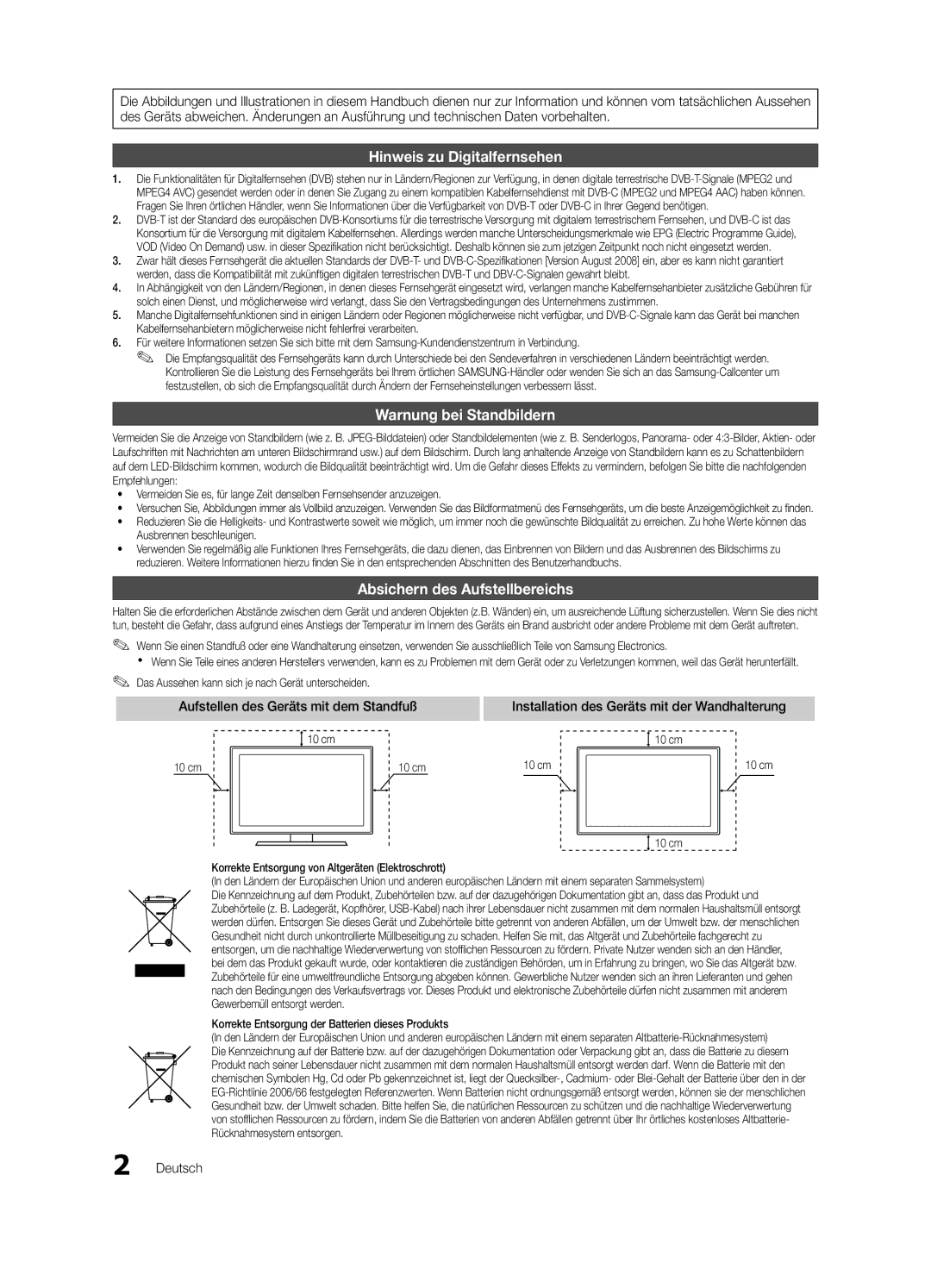 Samsung UE55C7000WPXZT, UE46C7000WPXZT Absichern des Aufstellbereichs, Aufstellen des Geräts mit dem Standfuß, Deutsch 