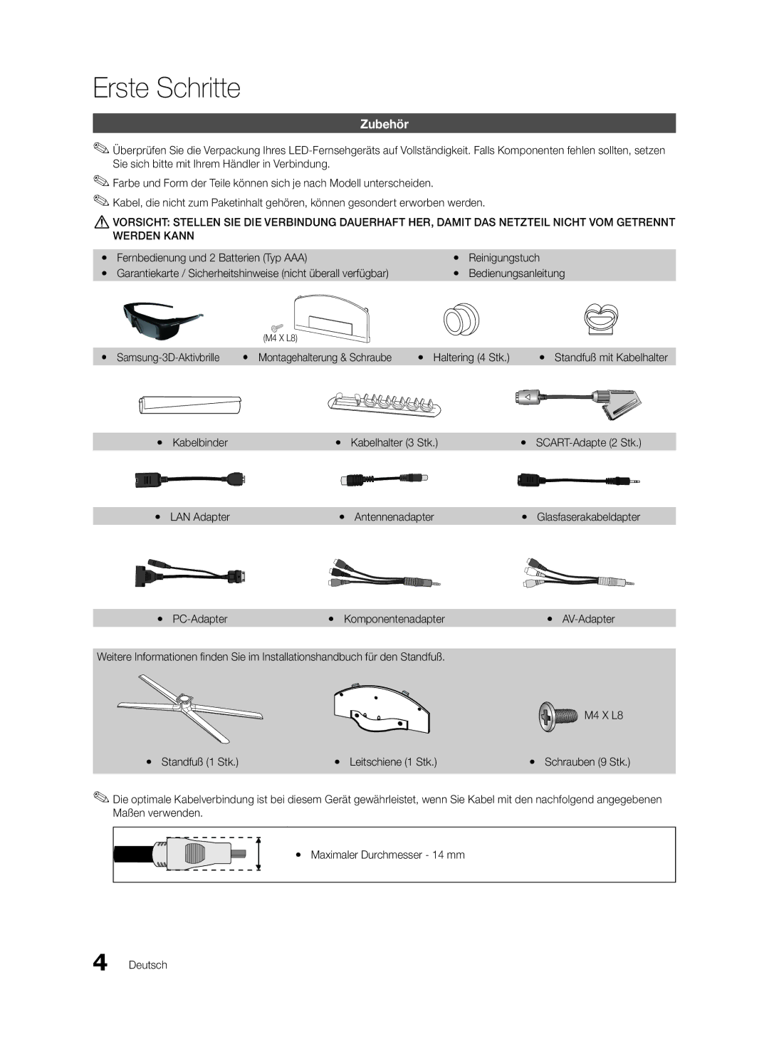 Samsung UE40C7000WPXZT, UE55C7000WPXZT, UE46C7000WPXZT manual Erste Schritte, Zubehör 