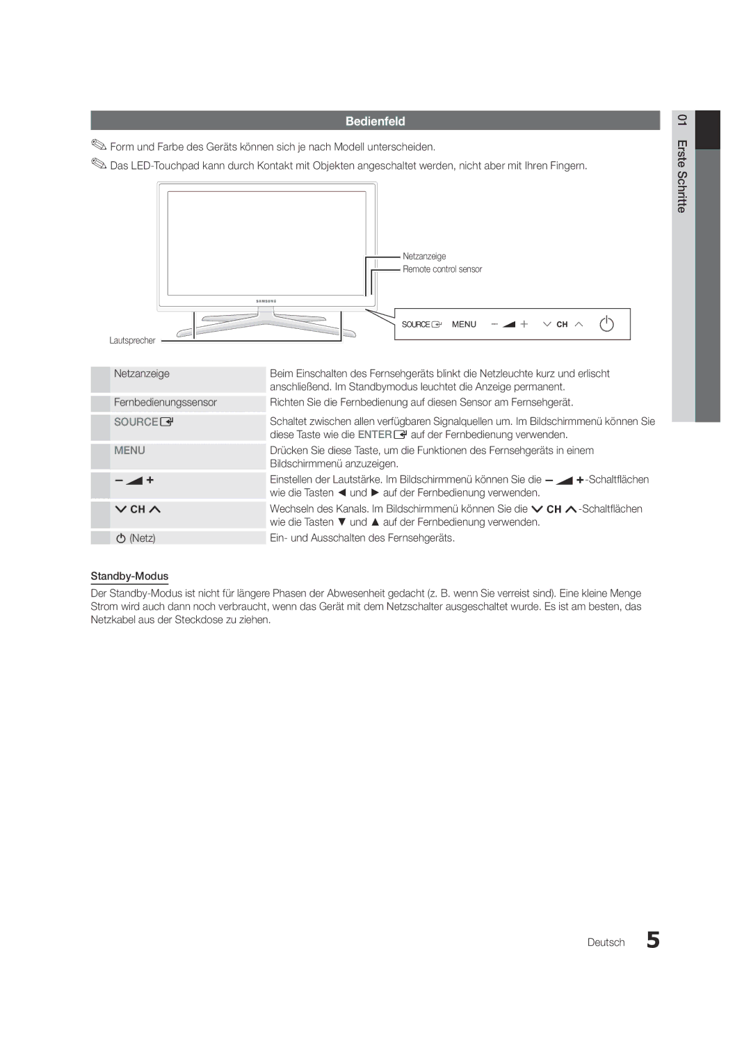 Samsung UE55C7000WPXZT Bedienfeld, Diese Taste wie die Enter Eauf der Fernbedienung verwenden, Bildschirmmenü anzuzeigen 