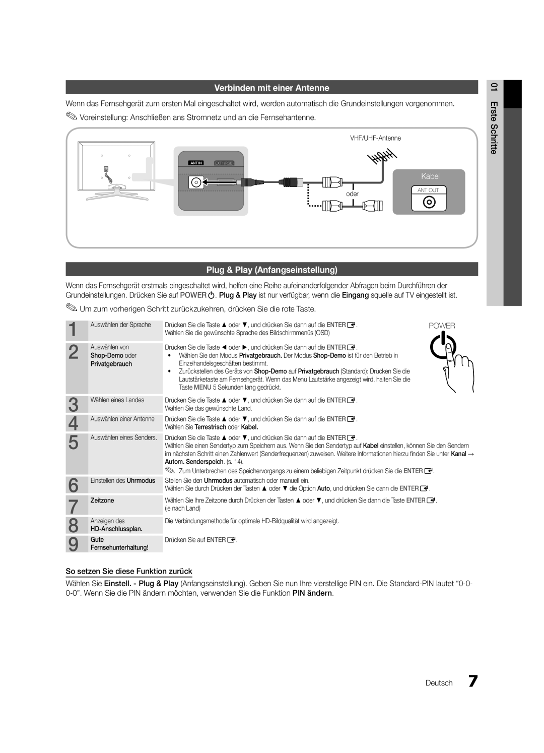 Samsung UE40C7000WPXZT, UE55C7000WPXZT Verbinden mit einer Antenne, Plug & Play Anfangseinstellung, VHF/UHF-Antenne, Oder 