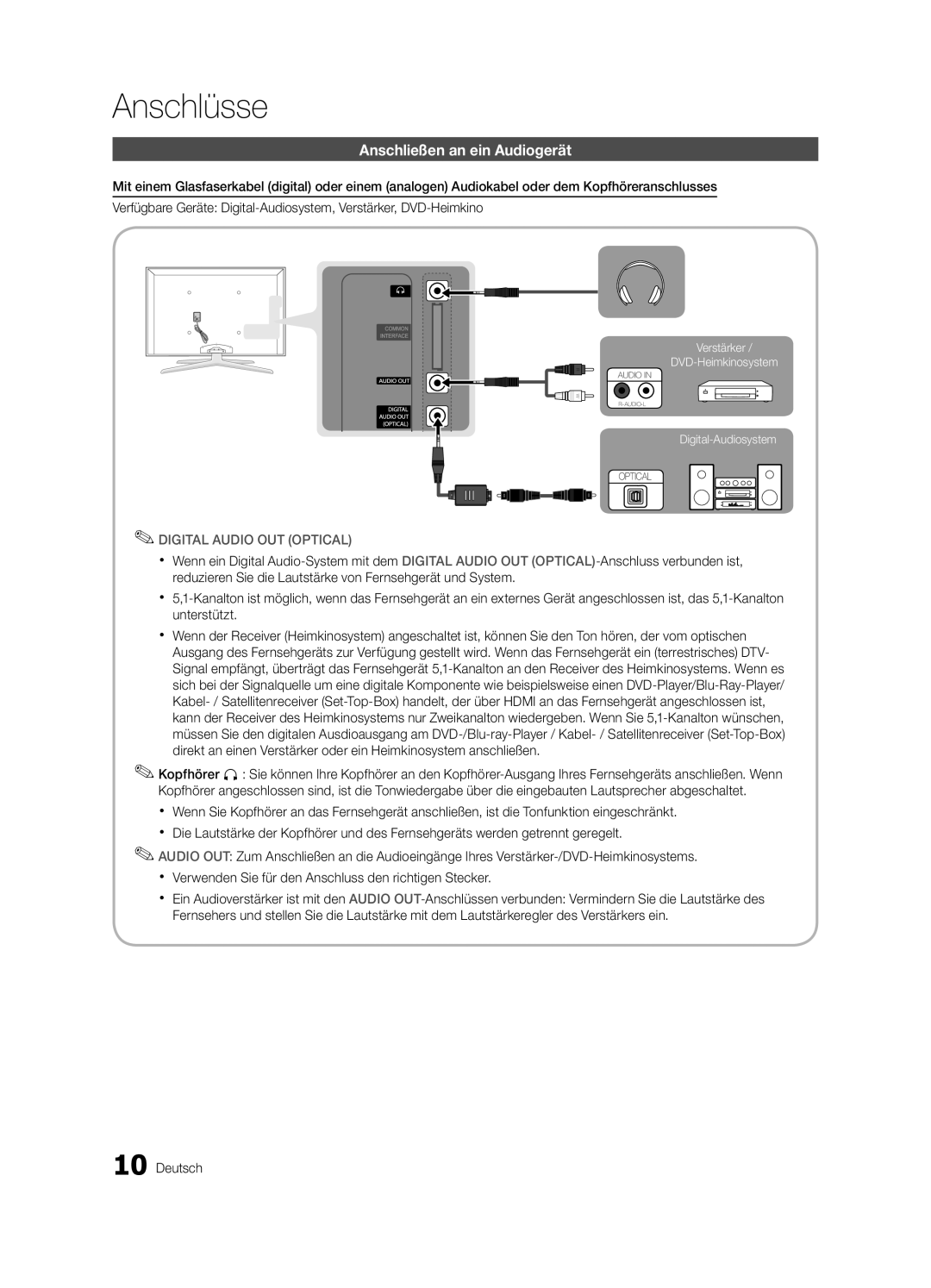 Samsung UE40C7000WPXZT, UE55C7000WPXZT, UE46C7000WPXZT manual Anschließen an ein Audiogerät 