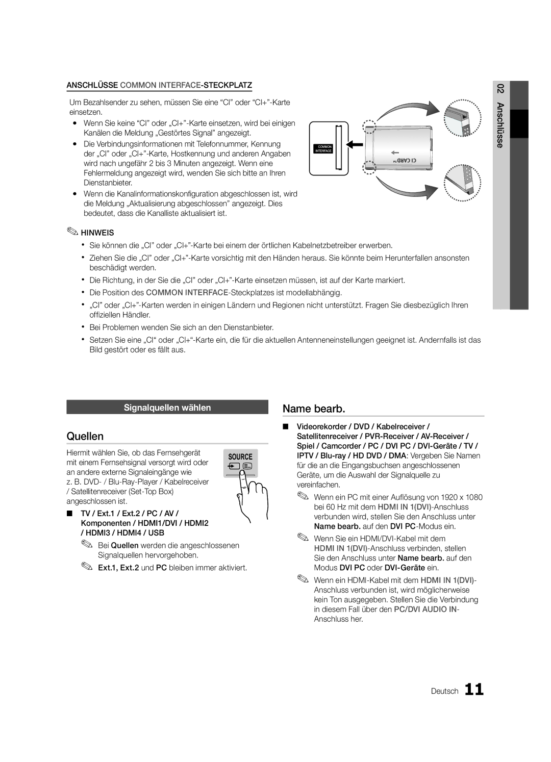 Samsung UE55C7000WPXZT, UE46C7000WPXZT, UE40C7000WPXZT manual Quellen, Name bearb, Signalquellen wählen 