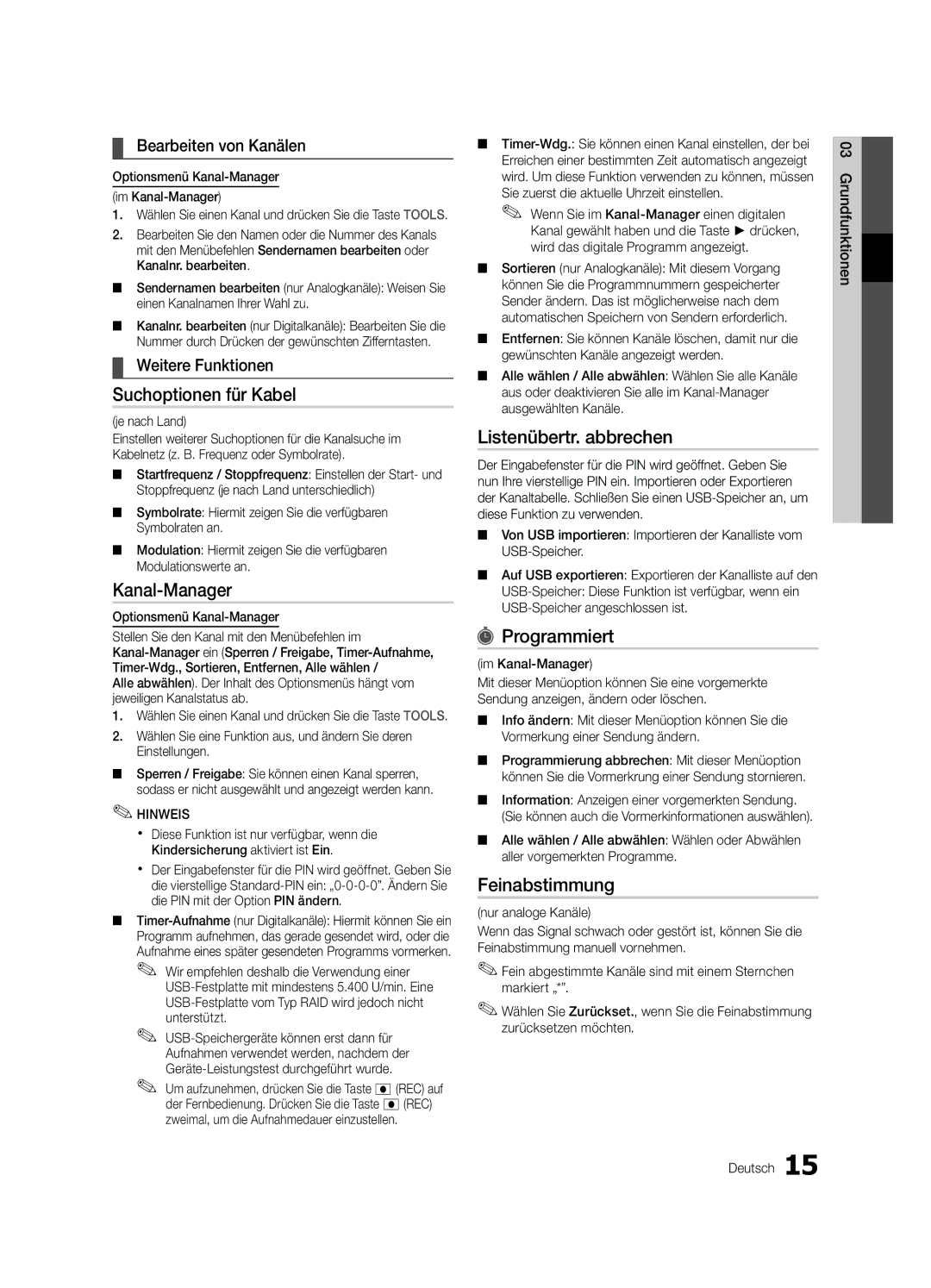 Samsung UE46C7000WPXZT, UE55C7000WPXZT manual Suchoptionen für Kabel, Listenübertr. abbrechen, Programmiert, Feinabstimmung 