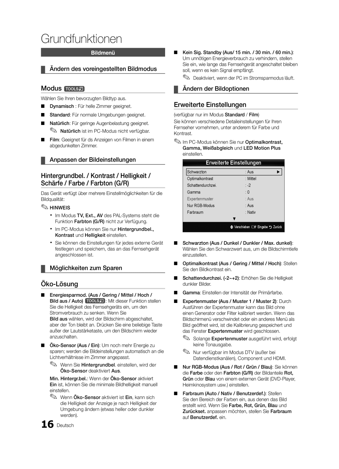 Samsung UE40C7000WPXZT, UE55C7000WPXZT, UE46C7000WPXZT manual Modus t, Öko-Lösung, Erweiterte Einstellungen 