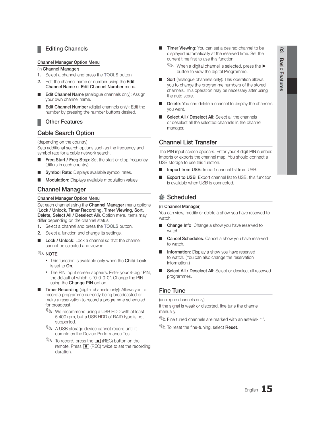 Samsung UE55C7000WPXZT, UE46C7000WPXZT, UE40C7000WPXZT Cable Search Option, Channel List Transfer, Scheduled, Fine Tune 