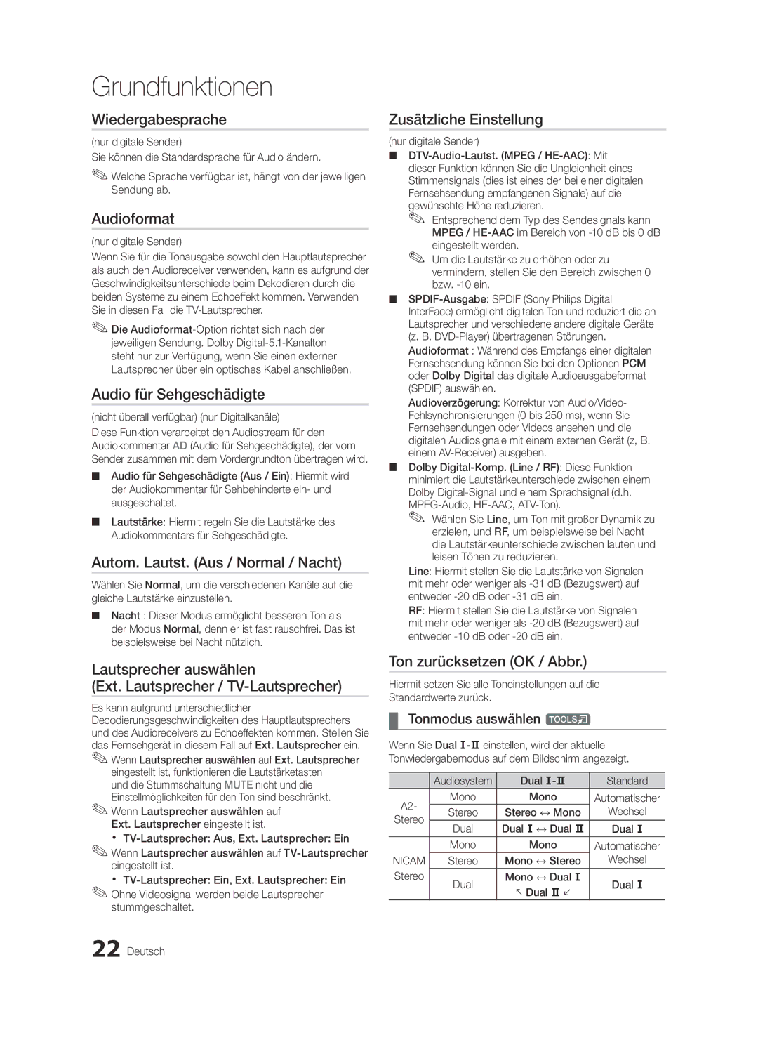 Samsung UE40C7000WPXZT manual Wiedergabesprache, Audioformat, Audio für Sehgeschädigte, Autom. Lautst. Aus / Normal / Nacht 