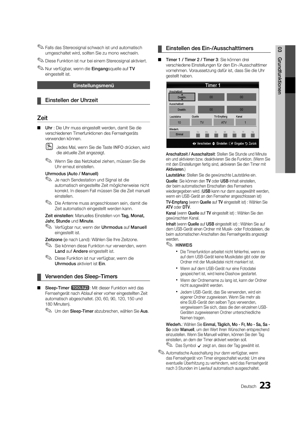 Samsung UE55C7000WPXZT manual Zeit, Einstellen der Uhrzeit, Verwenden des Sleep-Timers, Einstellen des Ein-/Ausschalttimers 