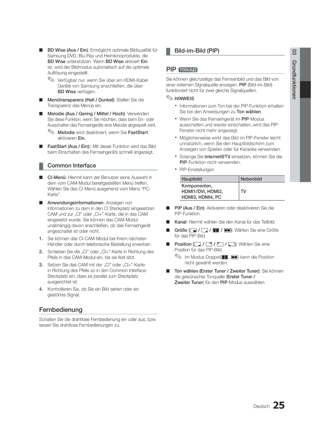 Samsung UE40C7000WPXZT, UE55C7000WPXZT, UE46C7000WPXZT manual Fernbedienung, Common Interface, Bild-im-Bild PIP 