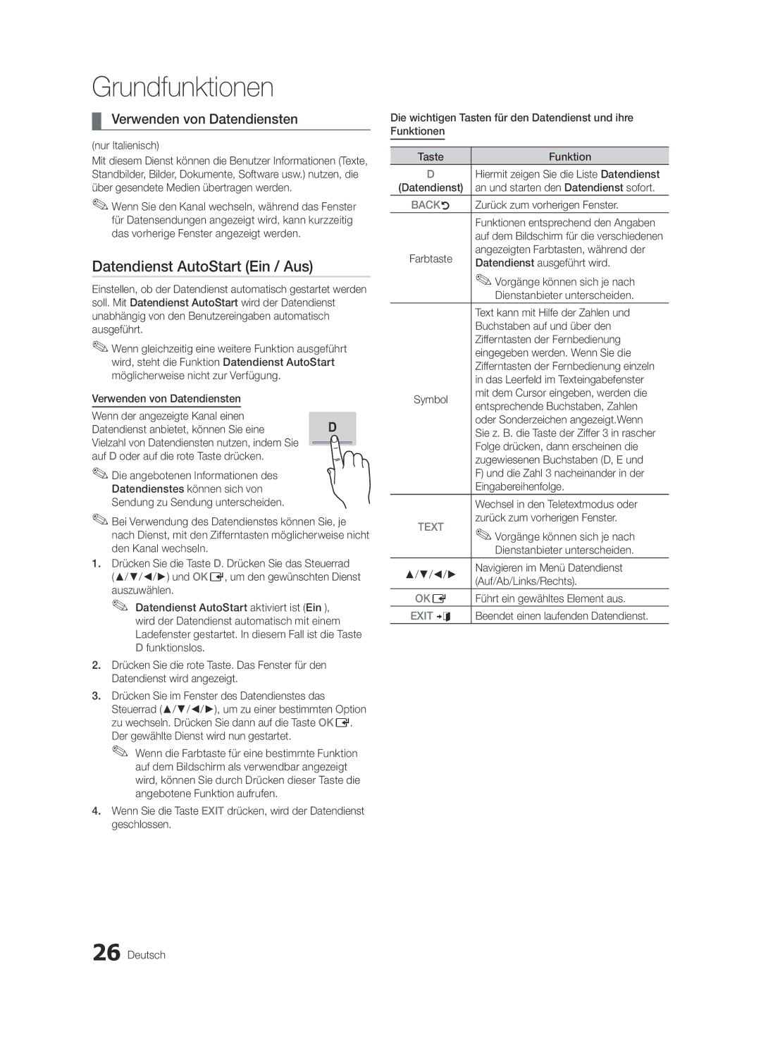 Samsung UE55C7000WPXZT, UE46C7000WPXZT, UE40C7000WPXZT manual Datendienst AutoStart Ein / Aus, Verwenden von Datendiensten 