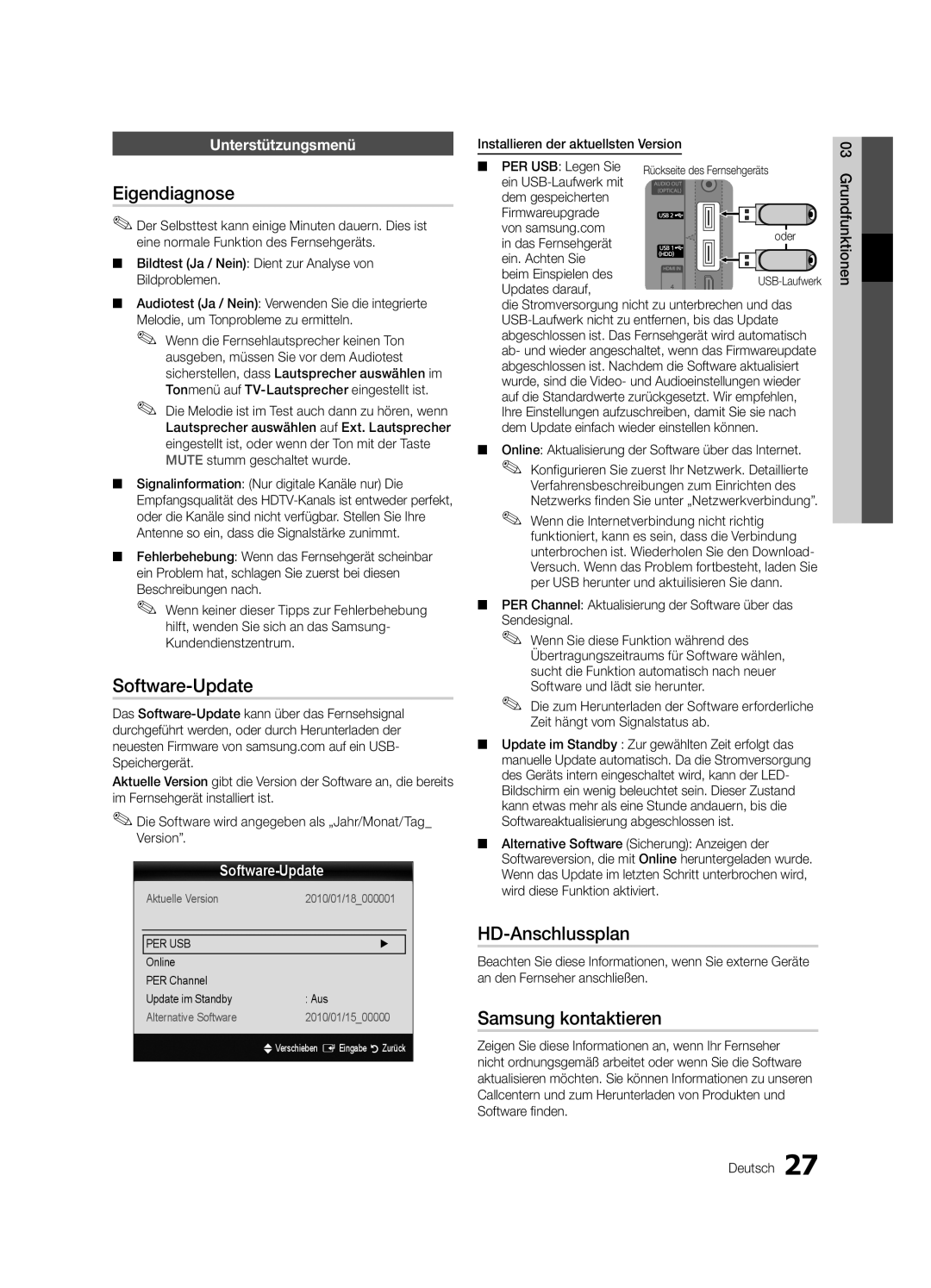 Samsung UE46C7000WPXZT, UE55C7000WPXZT manual Eigendiagnose, Software-Update, HD-Anschlussplan, Samsung kontaktieren 