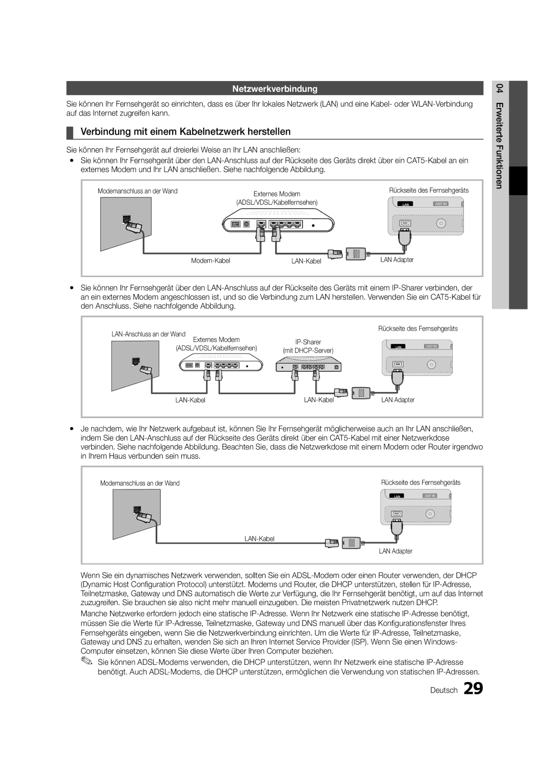 Samsung UE55C7000WPXZT Verbindung mit einem Kabelnetzwerk herstellen, Netzwerkverbindung, Deutsch 04FunktionenErweiterte 