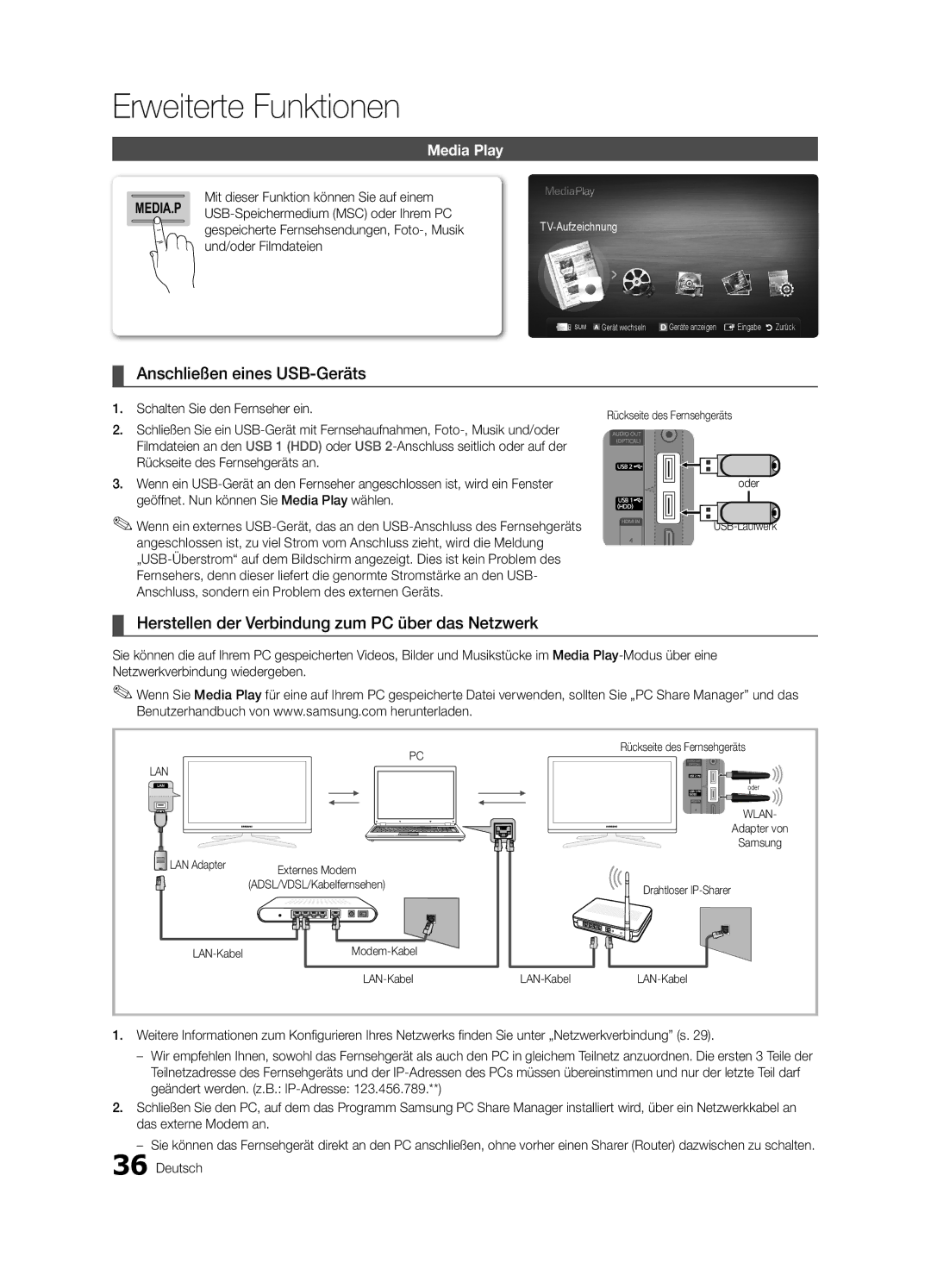 Samsung UE46C7000WPXZT, UE55C7000WPXZT Anschließen eines USB-Geräts, Herstellen der Verbindung zum PC über das Netzwerk 