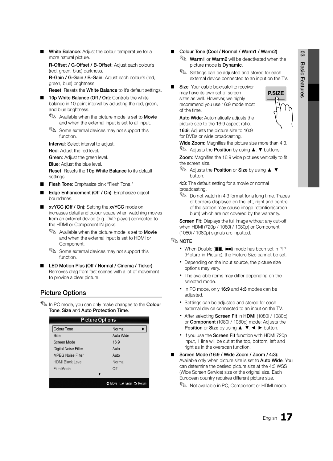 Samsung UE40C7000WPXZT manual Picture Options, Size Your cable box/satellite receiver, May have its own set of screen 