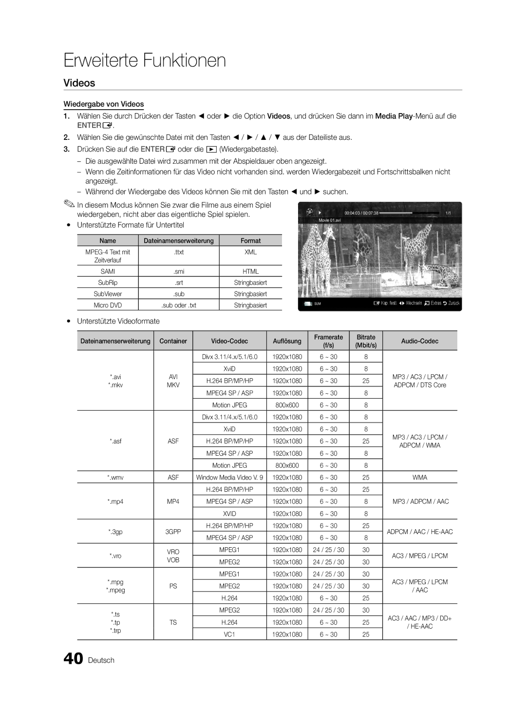 Samsung UE40C7000WPXZT, UE55C7000WPXZT, UE46C7000WPXZT Yy Unterstützte Videoformate, Name Dateinamenserweiterung Format 