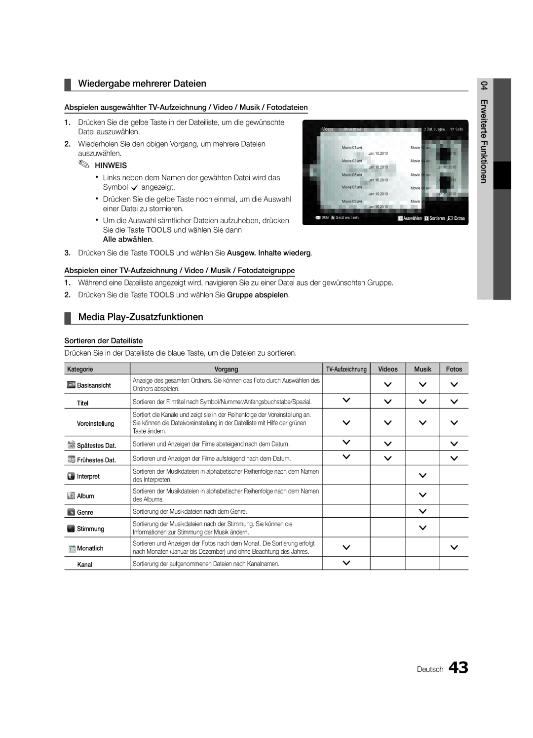 Samsung UE40C7000WPXZT, UE55C7000WPXZT, UE46C7000WPXZT manual Wiedergabe mehrerer Dateien, Media Play-Zusatzfunktionen 