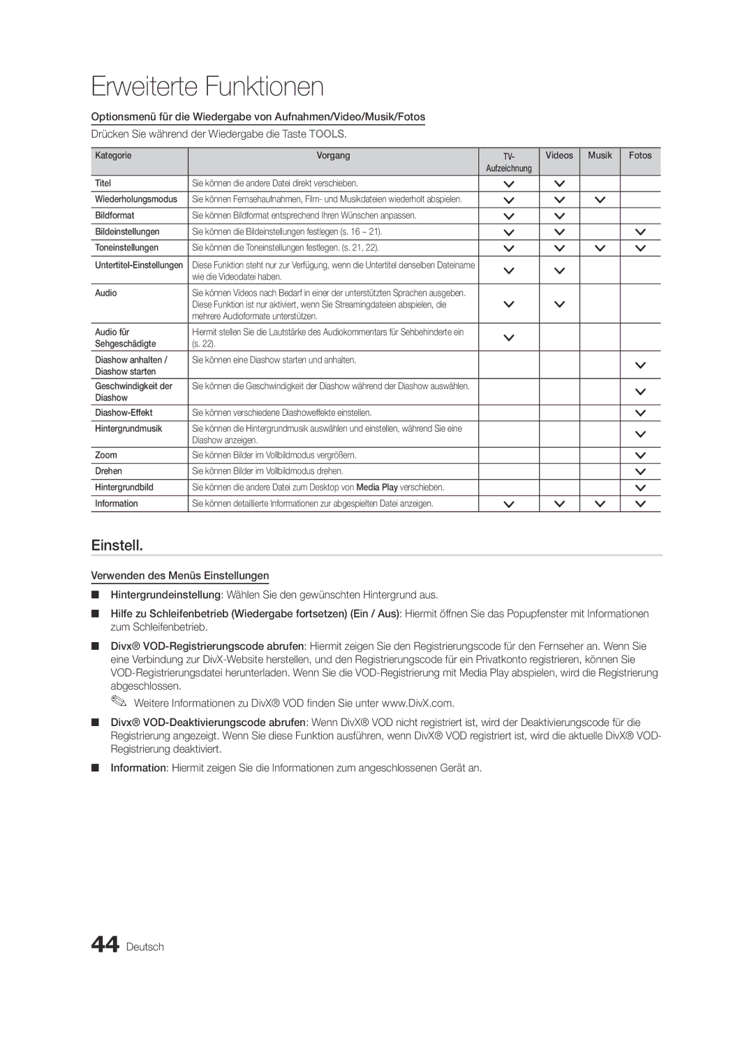 Samsung UE55C7000WPXZT, UE46C7000WPXZT manual Einstell, Kategorie Vorgang Videos Musik Fotos, Wie die Videodatei haben Audio 