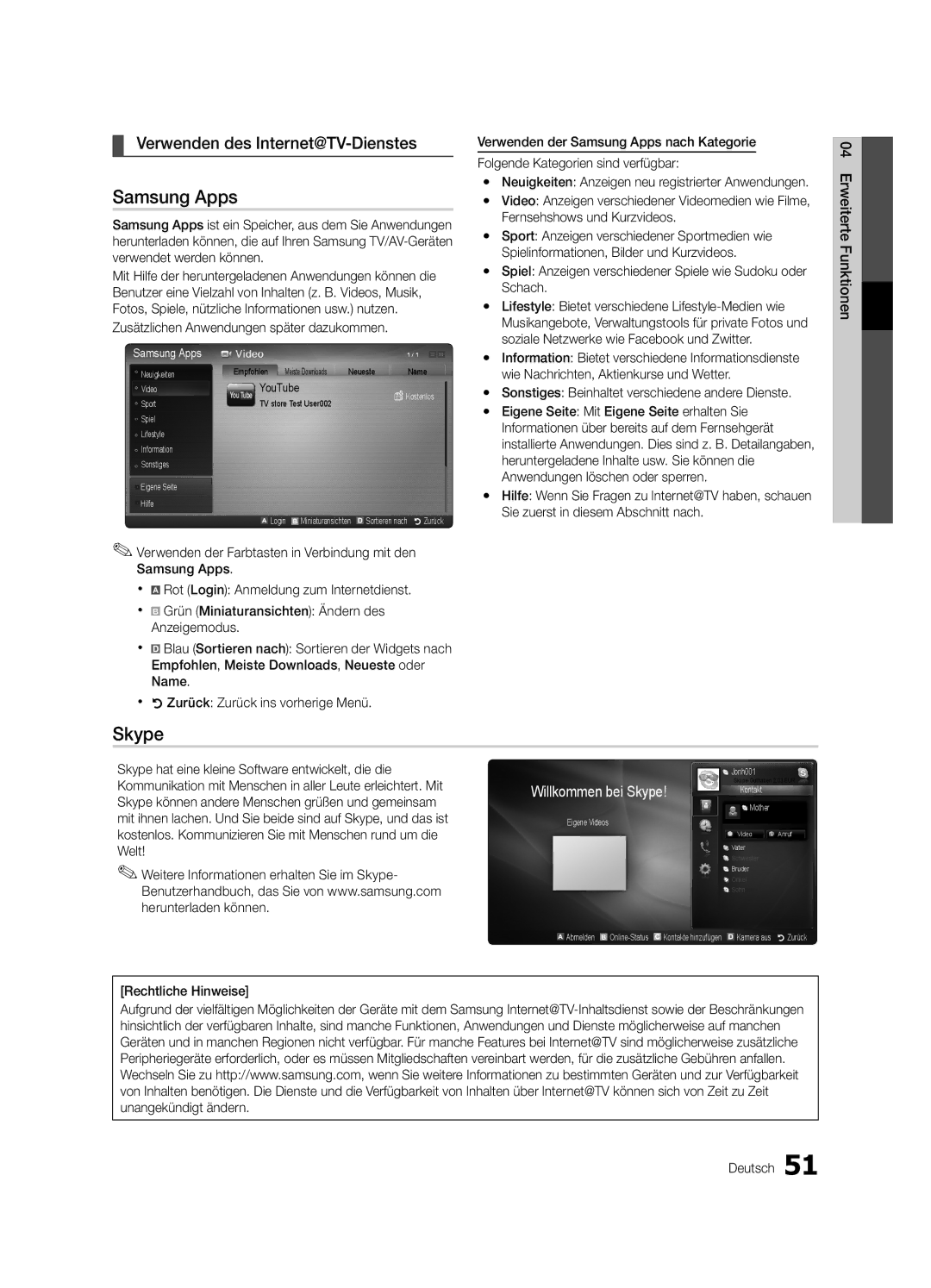 Samsung UE46C7000WPXZT, UE55C7000WPXZT manual Verwenden des Internet@TV-Dienstes, Zusätzlichen Anwendungen später dazukommen 