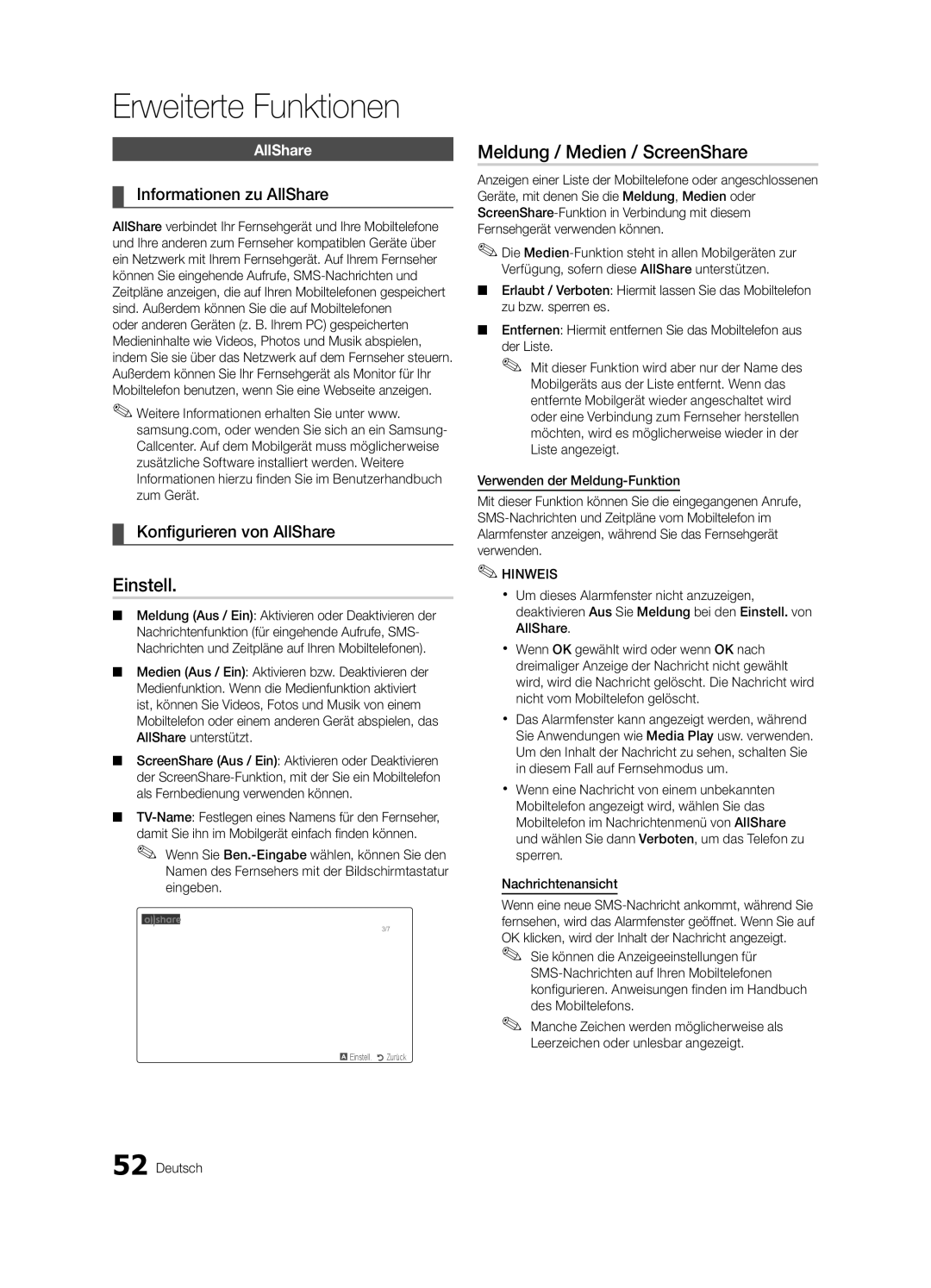 Samsung UE40C7000WPXZT manual Meldung / Medien / ScreenShare, Informationen zu AllShare, Konfigurieren von AllShare 