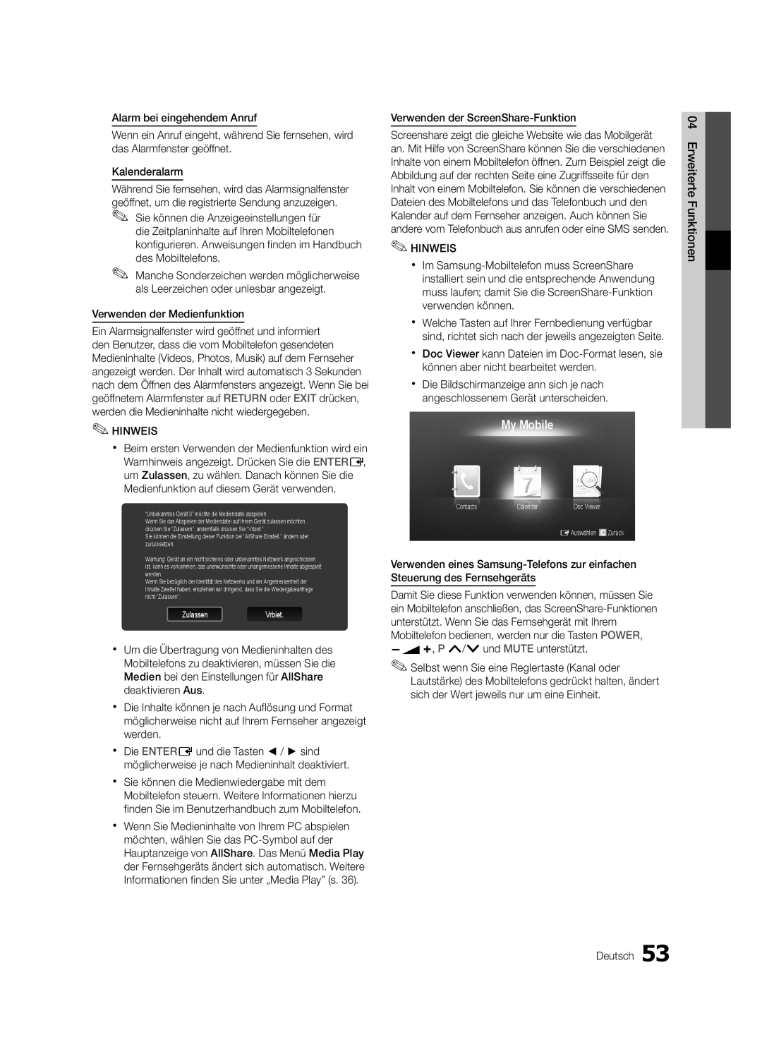 Samsung UE55C7000WPXZT, UE46C7000WPXZT, UE40C7000WPXZT Verwenden der Medienfunktion, Verwenden der ScreenShare-Funktion 