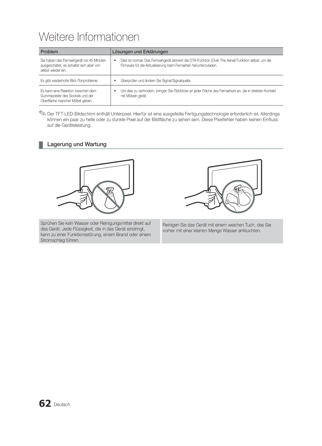 Samsung UE55C7000WPXZT, UE46C7000WPXZT, UE40C7000WPXZT manual Lagerung und Wartung 