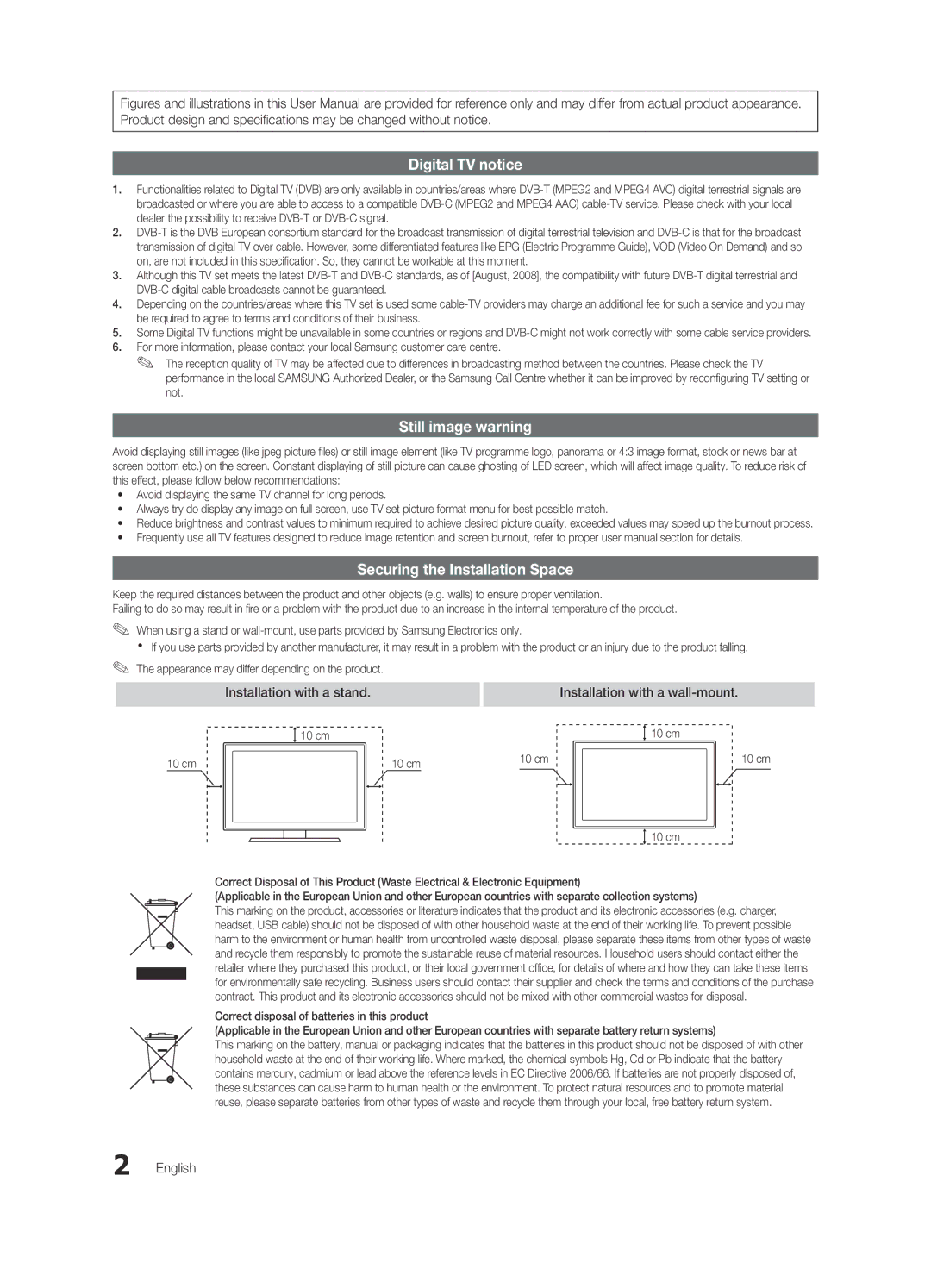 Samsung UE40C7000WPXZT, UE55C7000WPXZT, UE46C7000WPXZT manual Installation with a wall-mount, English, 10 cm 