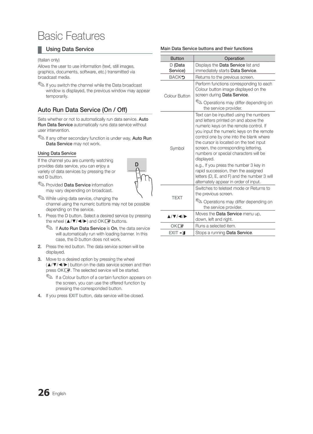 Samsung UE40C7000WPXZT, UE55C7000WPXZT, UE46C7000WPXZT manual Auto Run Data Service On / Off, Using Data Service 