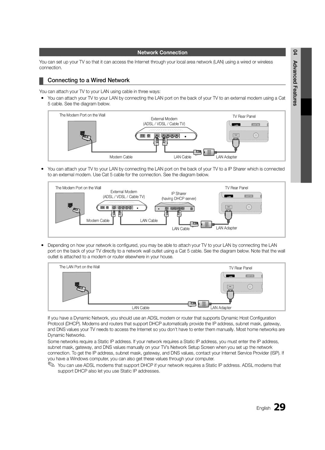 Samsung UE40C7000WPXZT, UE55C7000WPXZT, UE46C7000WPXZT manual Connecting to a Wired Network, Network Connection 