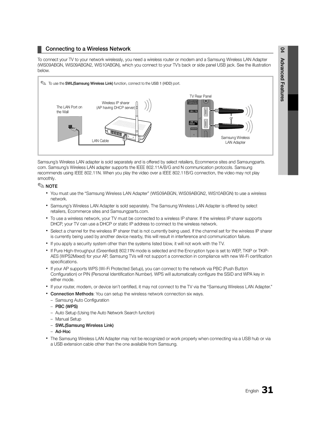 Samsung UE46C7000WPXZT, UE55C7000WPXZT, UE40C7000WPXZT manual Connecting to a Wireless Network, Wall LAN Cable 