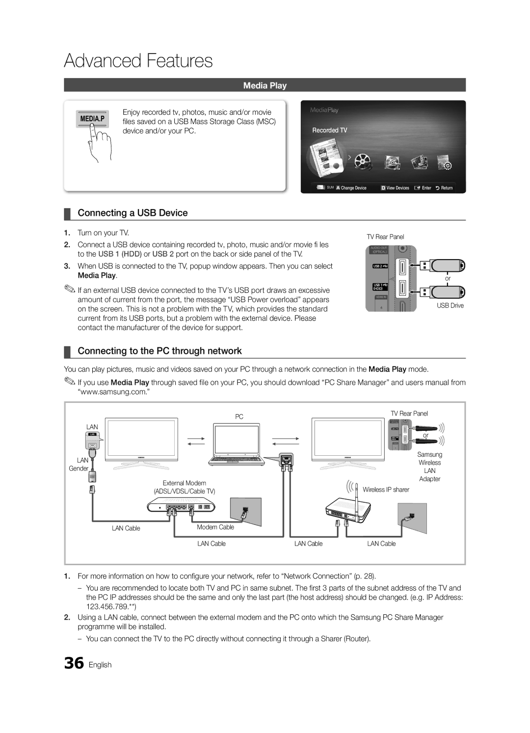 Samsung UE55C7000WPXZT manual Connecting a USB Device, Connecting to the PC through network, Media Play, Turn on your TV 